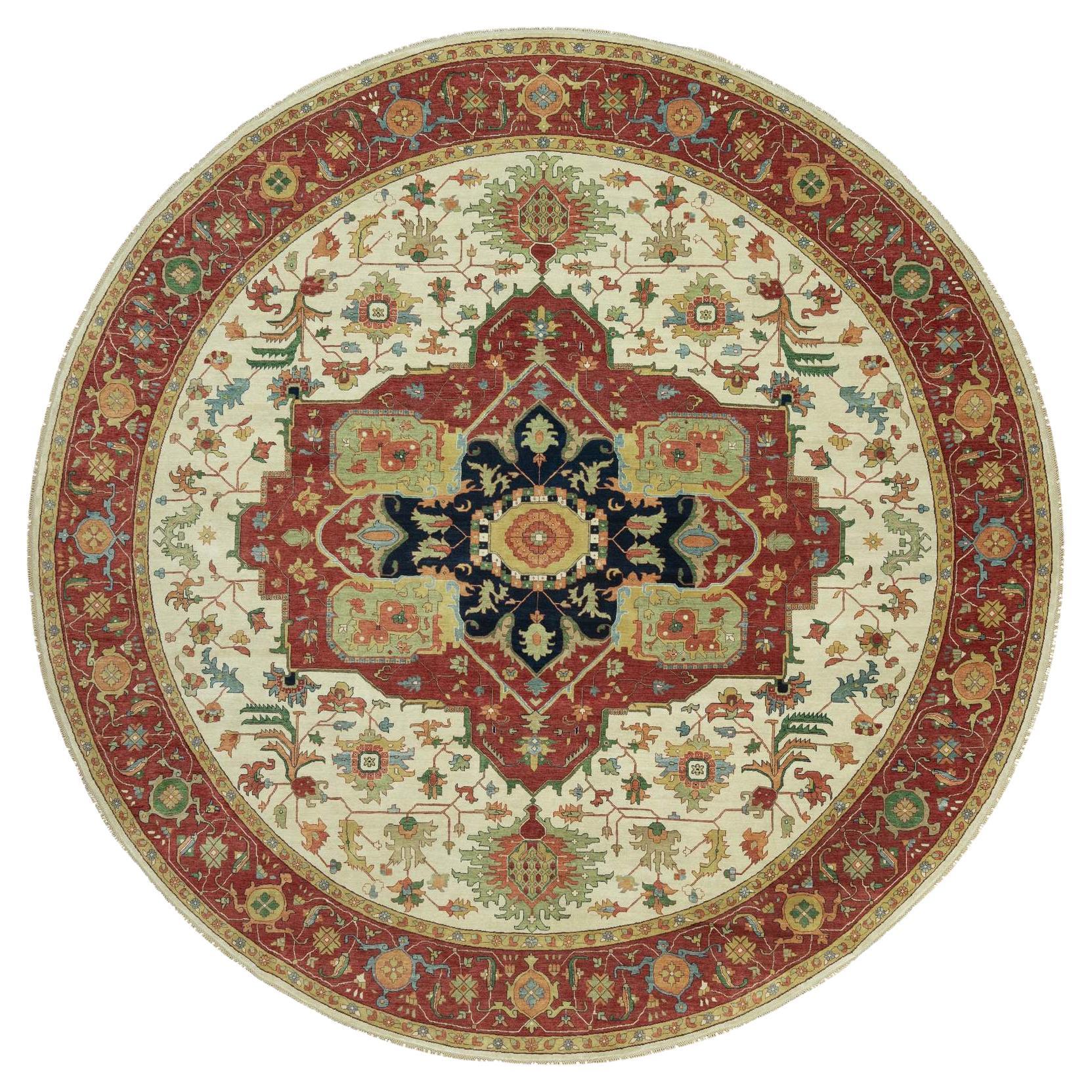 Handgeknüpfter runder Acadia Weißer antiker Heriz Re-Creation Teppich aus Wolle 14' x 14'