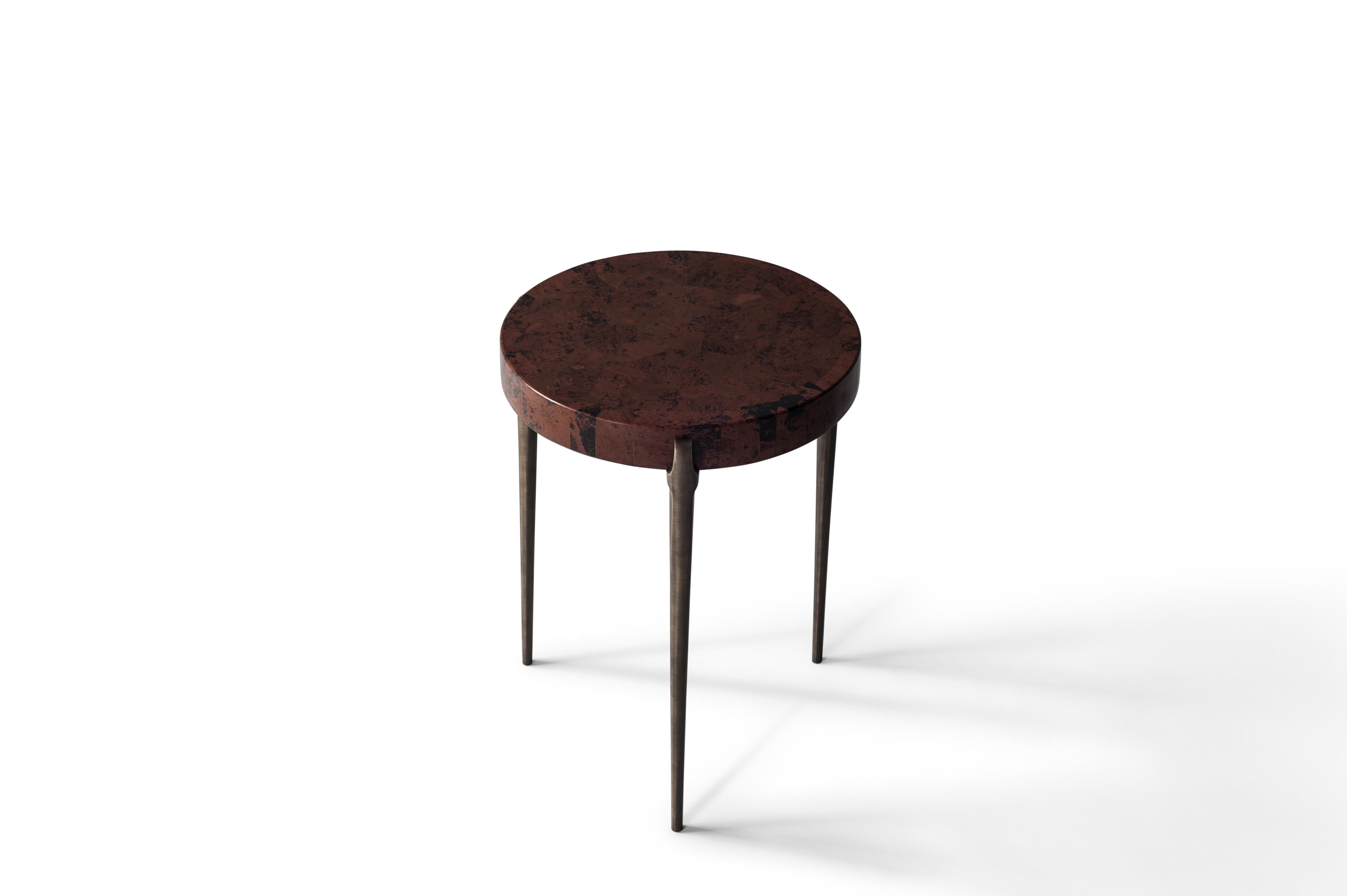 Acantha side table by DeMuro Das 
Dimensions: 41.5 x 55.1 cm
Materials: Marconi Jasper - Polished (Random)
 Solid Bronze (Antique) legs

Dimensions and finishes can be customized.

DeMuro Das is an international design firm and the aesthetic and