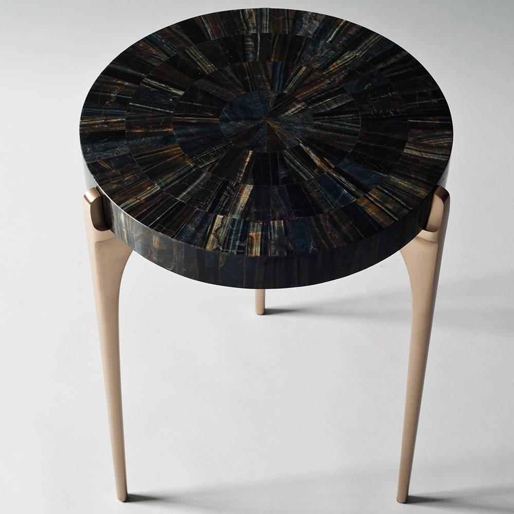 Modern Acantha Side Table by DeMuro Das with Blue Tiger's Eye Top and Solid Bronze Legs For Sale
