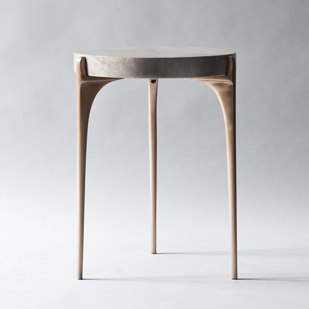 Modern Acantha Side Table by DeMuro Das with Top in Grey Carta and Solid Bronze Legs For Sale