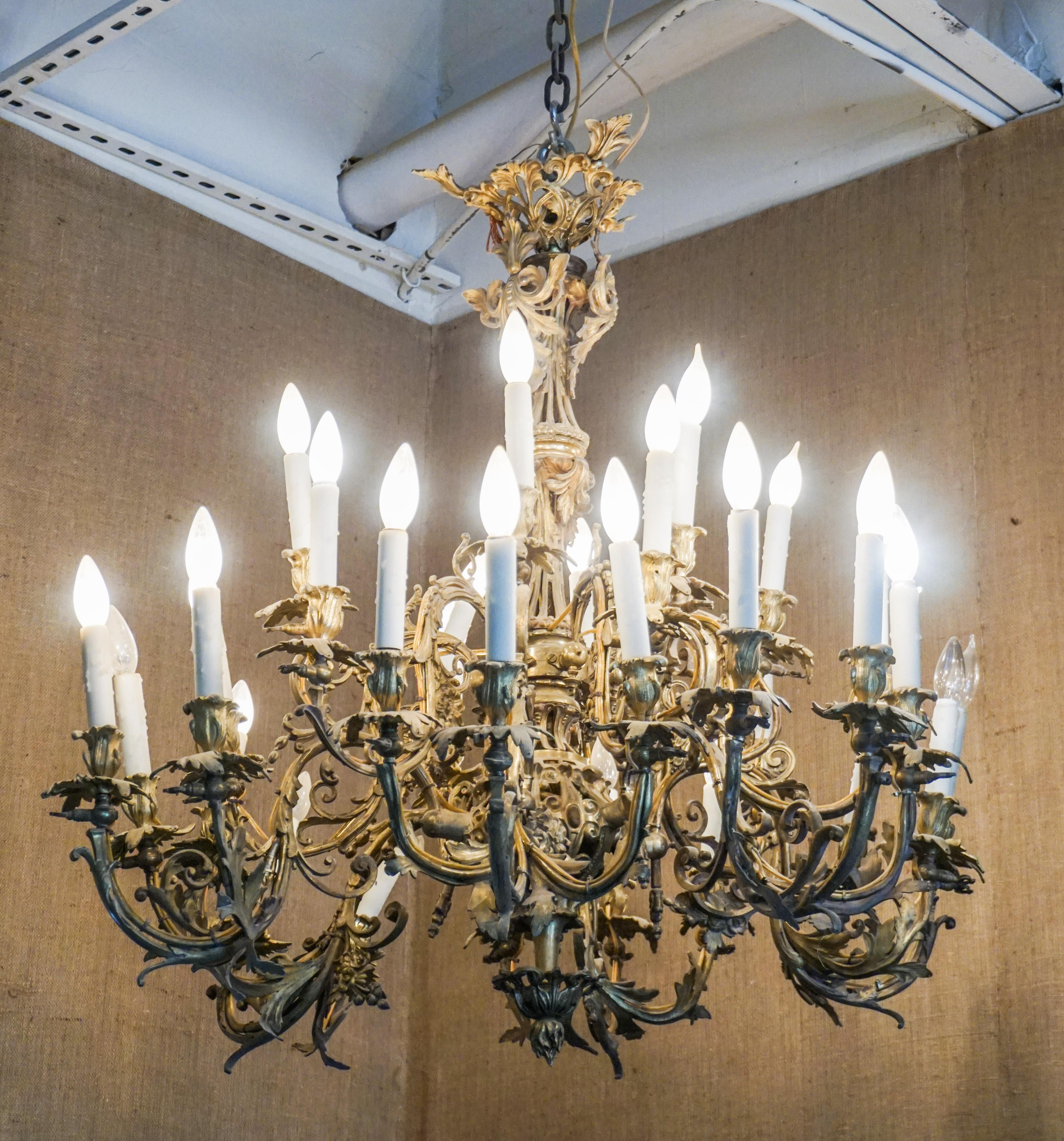 This antique chandelier is made of bronze and features acanthus decor and is wired for install.

Measurements: 39