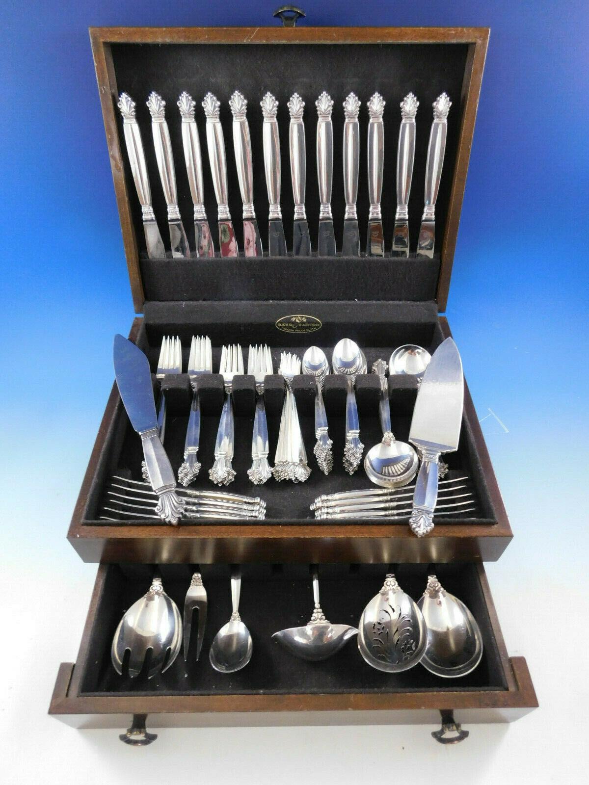 Monumental dinner size Acanthus by Georg Jensen sterling silver flatware set, 104 pieces. This set includes:

12 dinner knives, long handle, 9