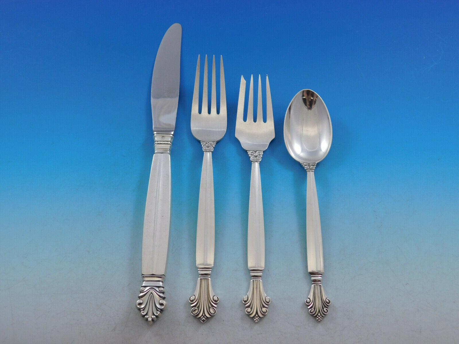 Acanthus, Georg Jensen Sterling Silver Flatware Set of 12 Service 104 Pcs Dinner In Excellent Condition In Big Bend, WI