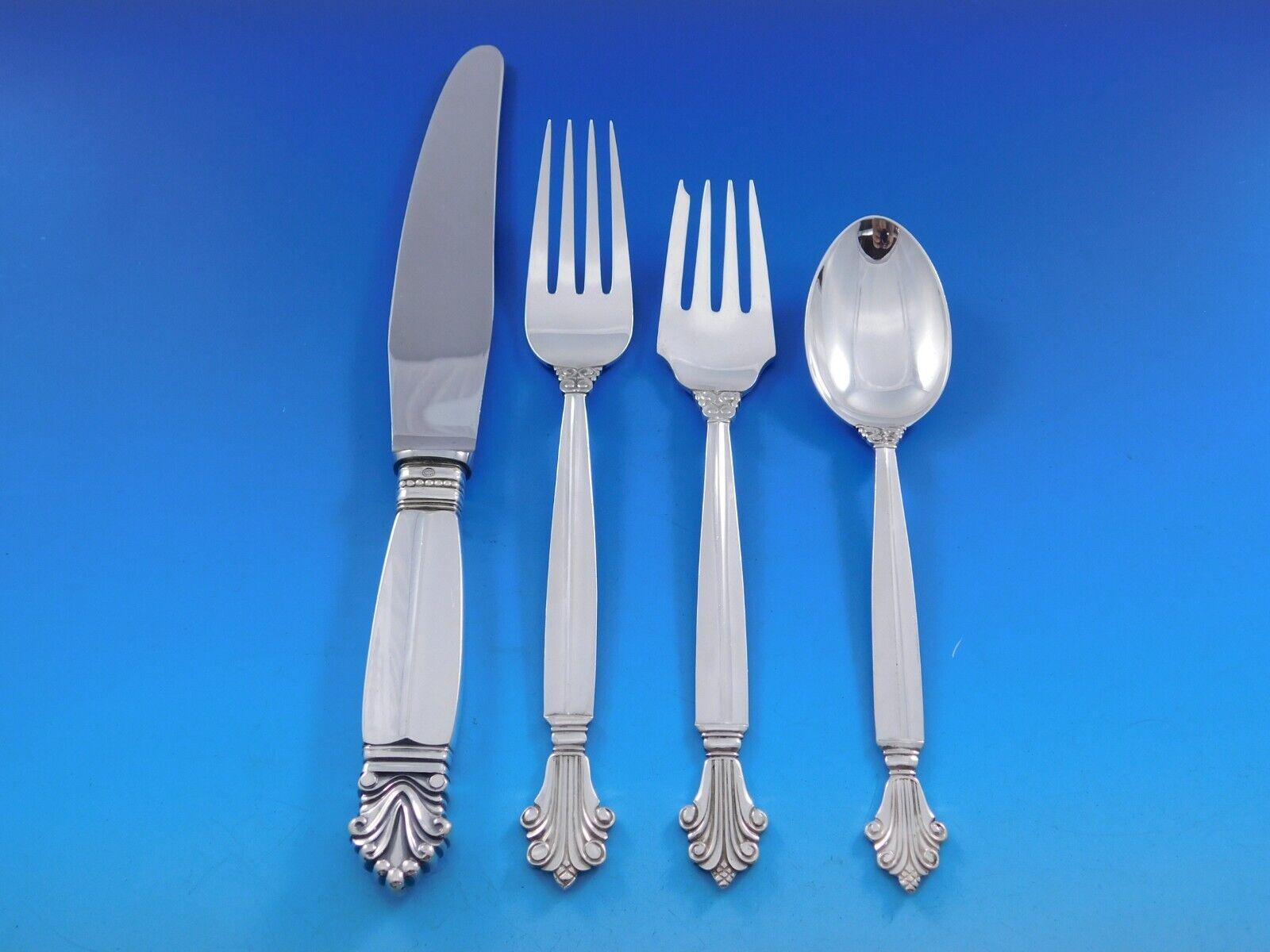 Set di posate in argento Sterling Acanthus by Georg Jensen 12 Servizio 60 pezzi Cena In condizioni ottime in vendita a Big Bend, WI
