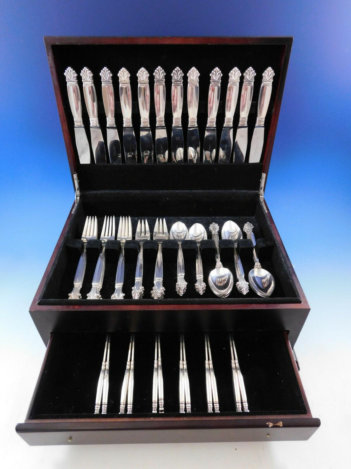 Dinner size Acanthus by Georg Jensen sterling silver flatware set, 72 pieces. This set includes:

12 dinner knives, short handle, 9