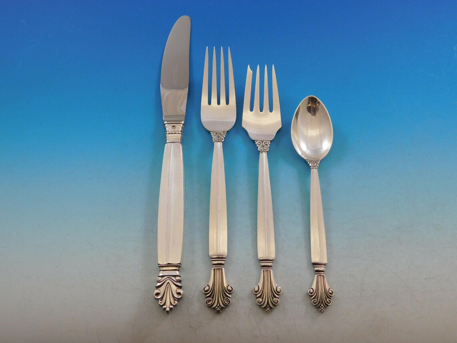 Acanthus by Georg Jensen Sterling Silver Flatware Set 12 Service 74 pcs Dinner In Excellent Condition In Big Bend, WI