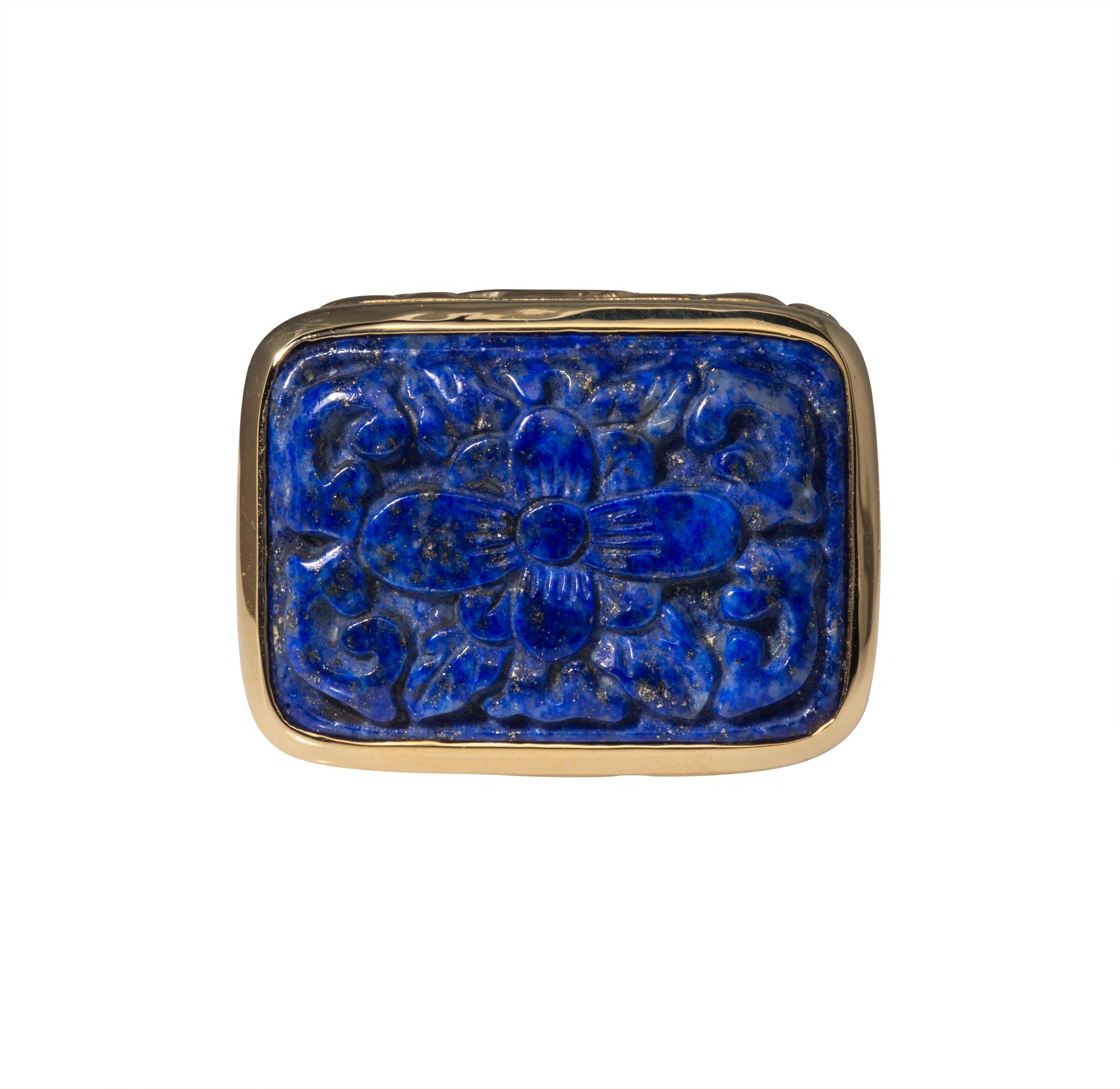 Dudley VanDyke's Acanthus Fob is featured in 14K Yellow Gold with a hand carved Lapis Lazuli floral stone. The Acanthus Fob is also available by custom order in Sterling Silver as well as in alternate stones: Tiger Eye and Green Aventurine. This