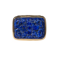 Acanthus Fob in 14 Karat Yellow Gold with Hand Carved Lapis Stone