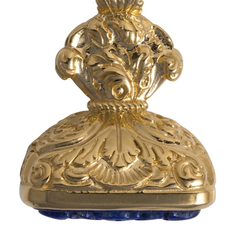 Acanthus Fob in 14 Karat Yellow Gold with Hand Carved Lapis Stone In New Condition For Sale In Charleston, SC