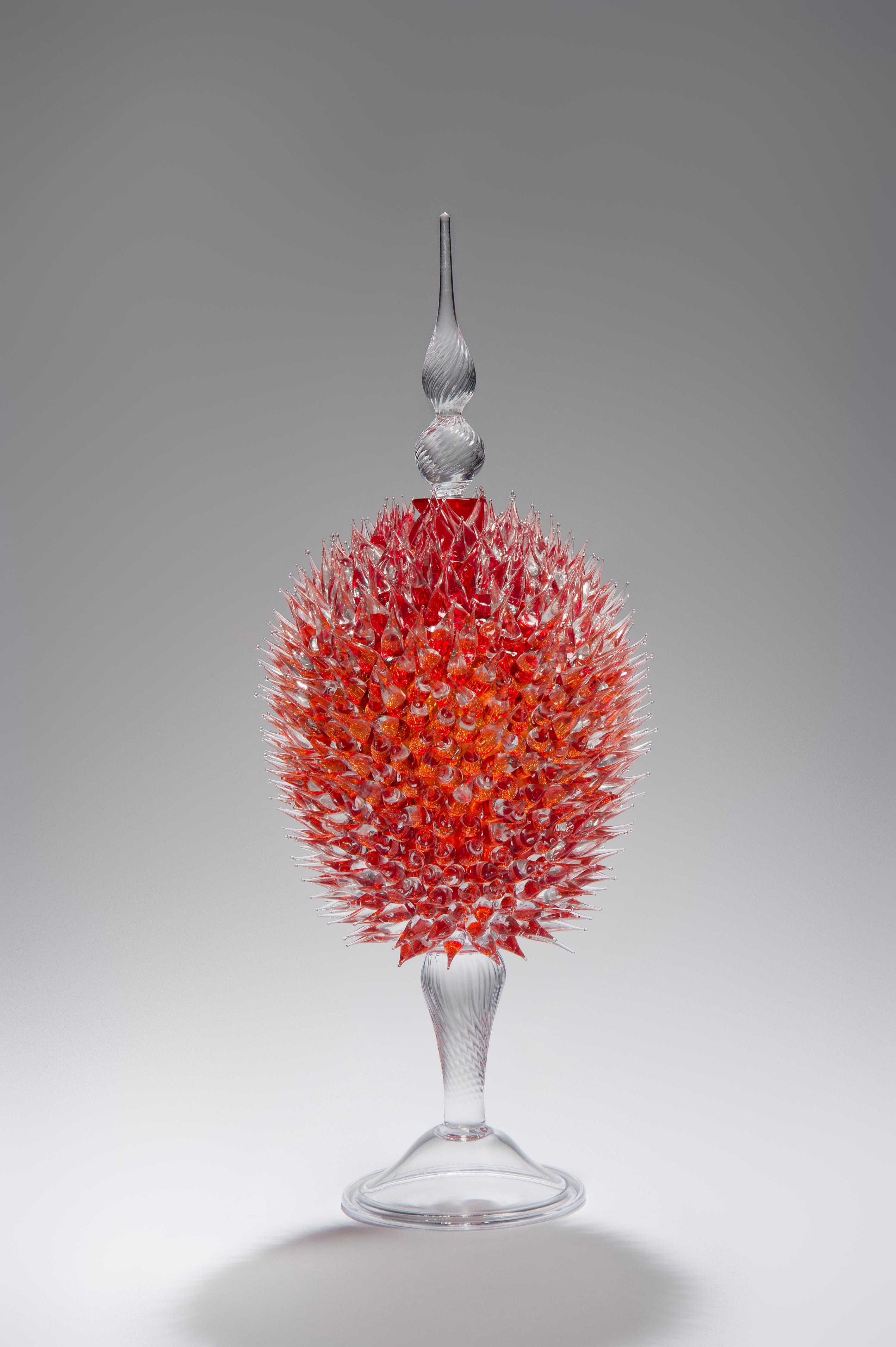 Art Glass Acanthus Veronese in Cherry Red, a clear & red glass jar by James Lethbridge For Sale