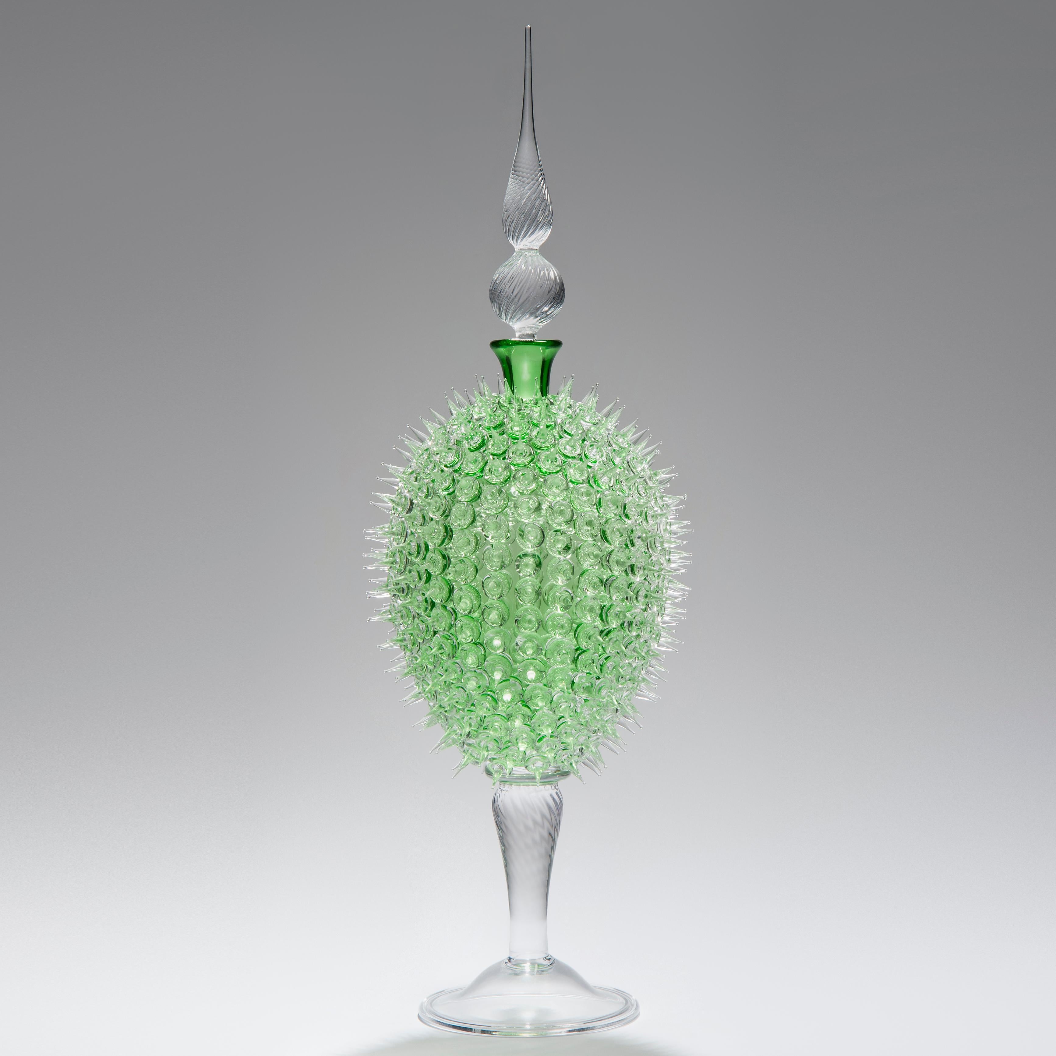 Acanthus Veronese in Green, is a unique art glass jar by British glass artist James Lethbridge. Blown glass with the outer layer covered in flameworked decoration and adornment. With removable decorative glass stopper.

Initially following a