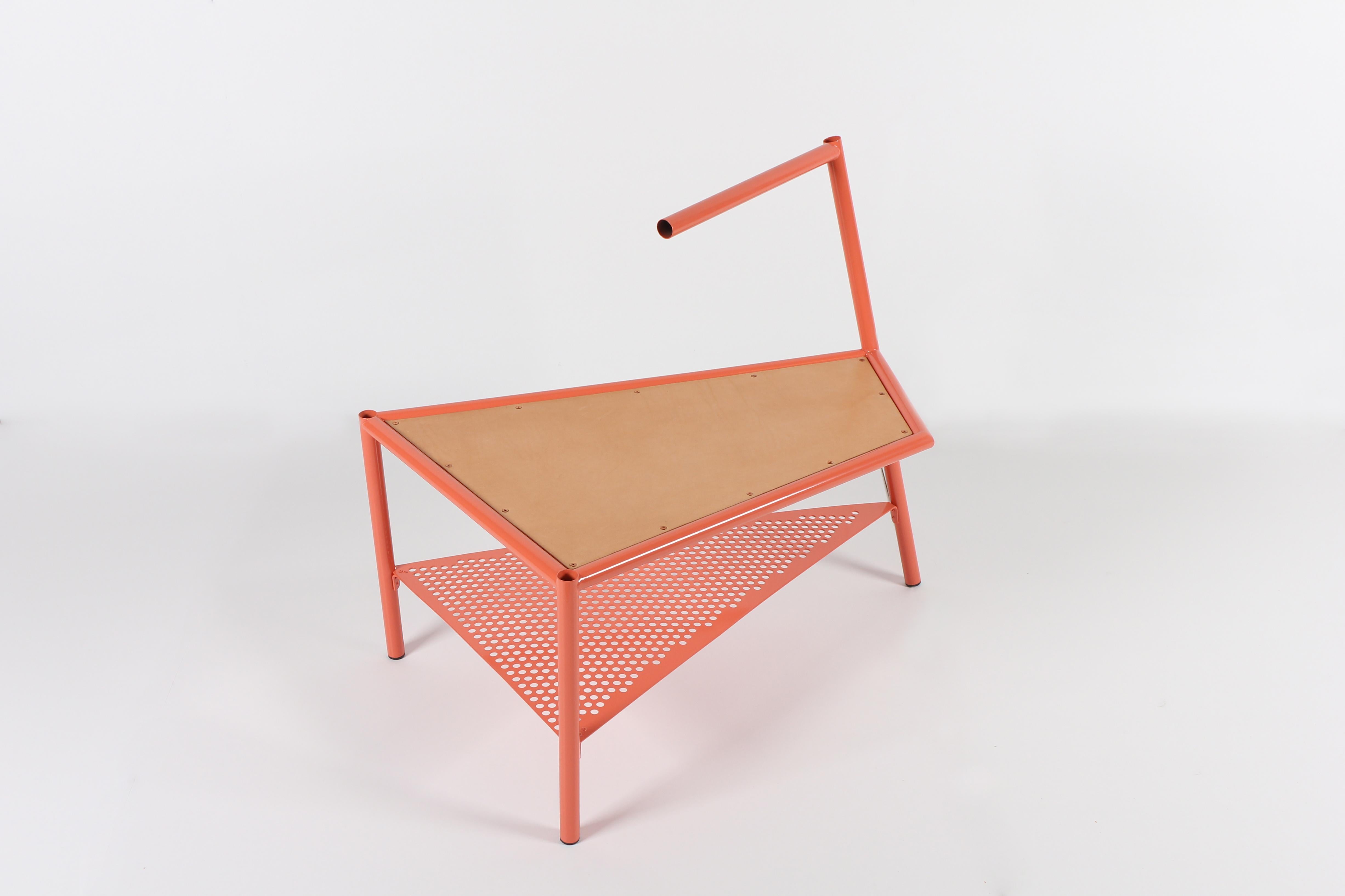Accaio Stage 2 Side Table by Max Lipsey
Dimensions: D 49 x W 83 x H 71 cm.
Materials: Powder-coated steel, alu, and leather.

The side table is available in all RAL colors. Please contact us.

Stage 2 is an evolution of the Acciaio chair. Acciaio,