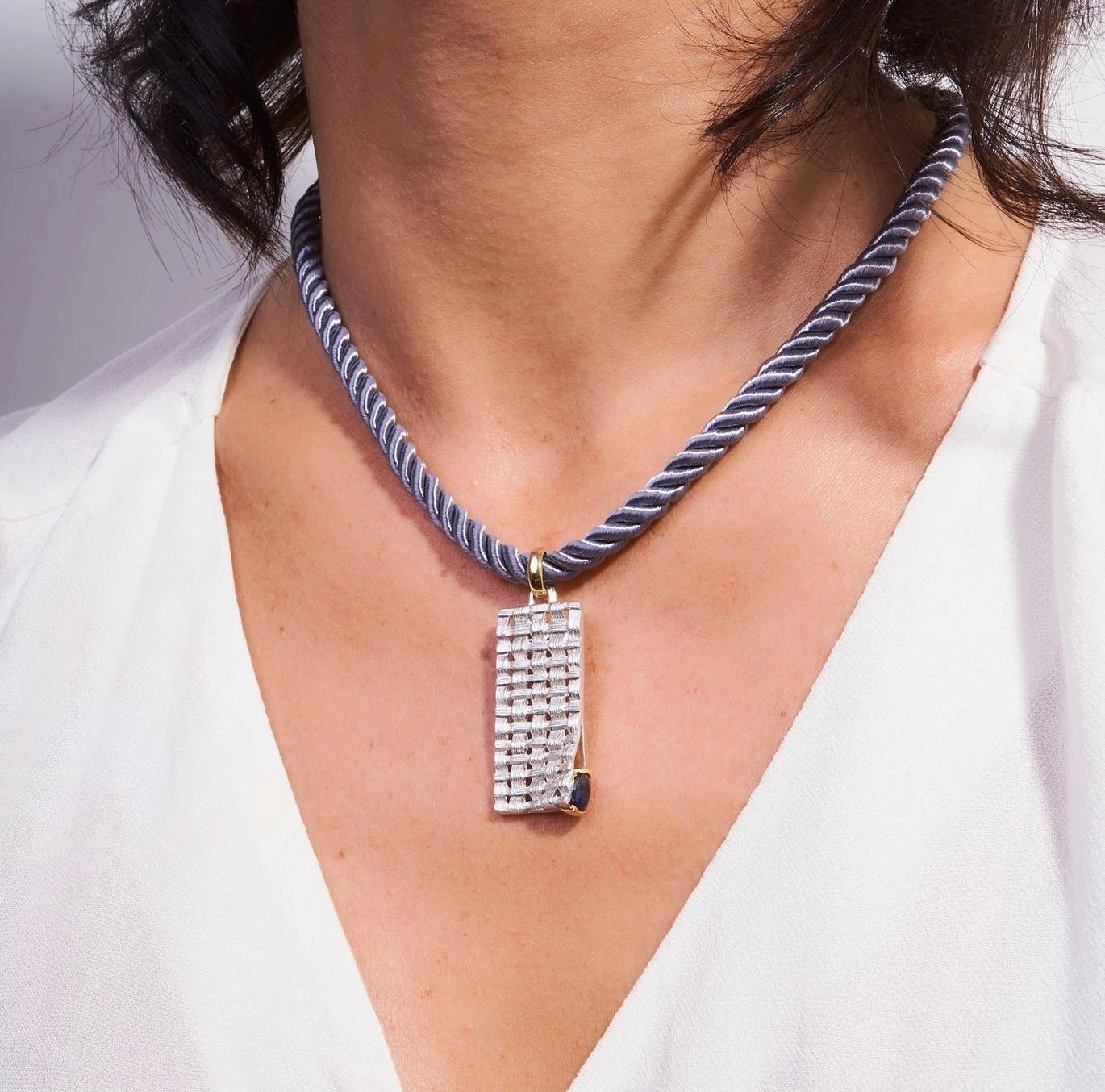 Oval Cut Accalia Oval Blue Sapphire Pendant, Woven Silver Statement Pendant Necklace For Sale