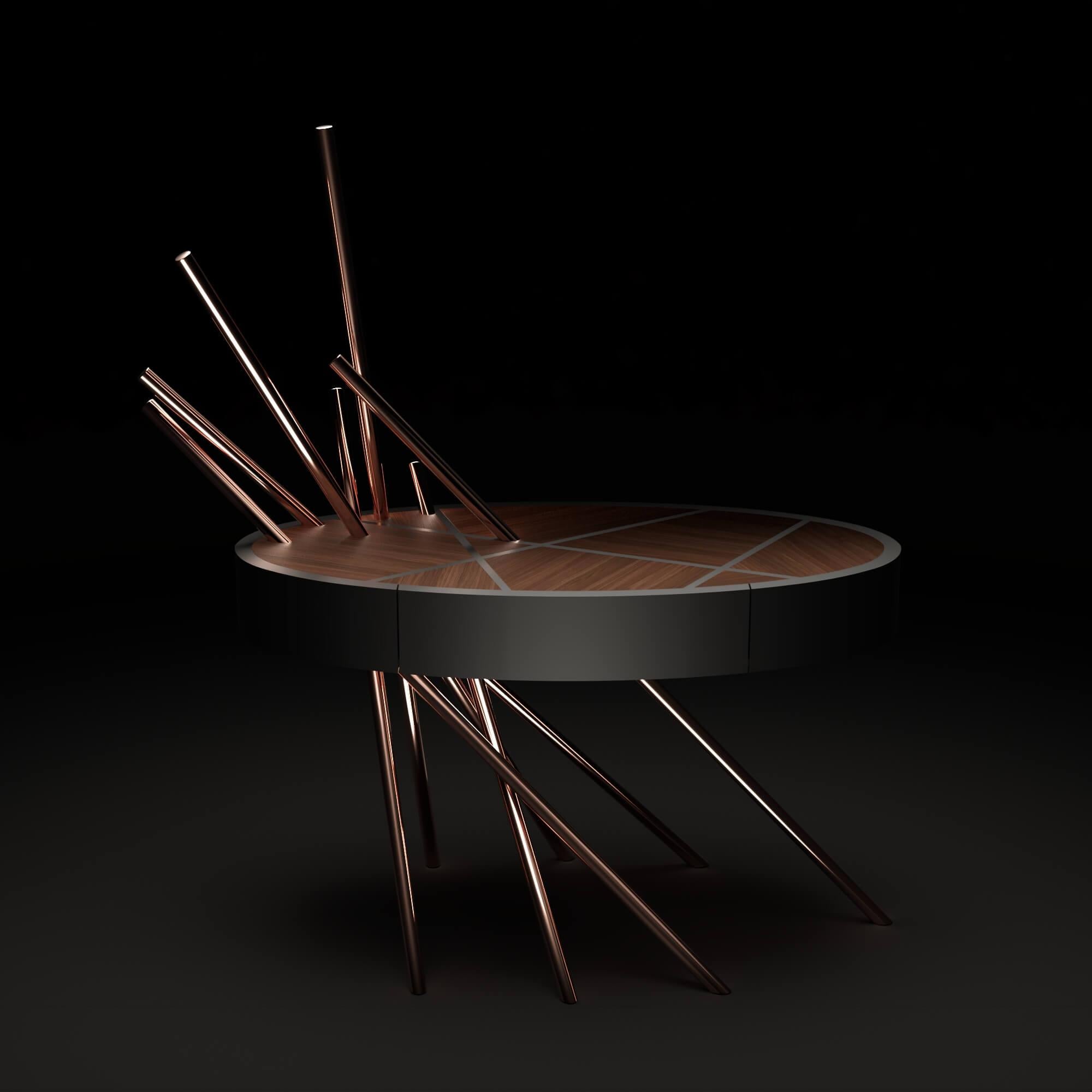 Table de chevet d'appoint Modernity Wood Oak Wood Black Lacquer Black Copper Brushed Copper en vente 5
