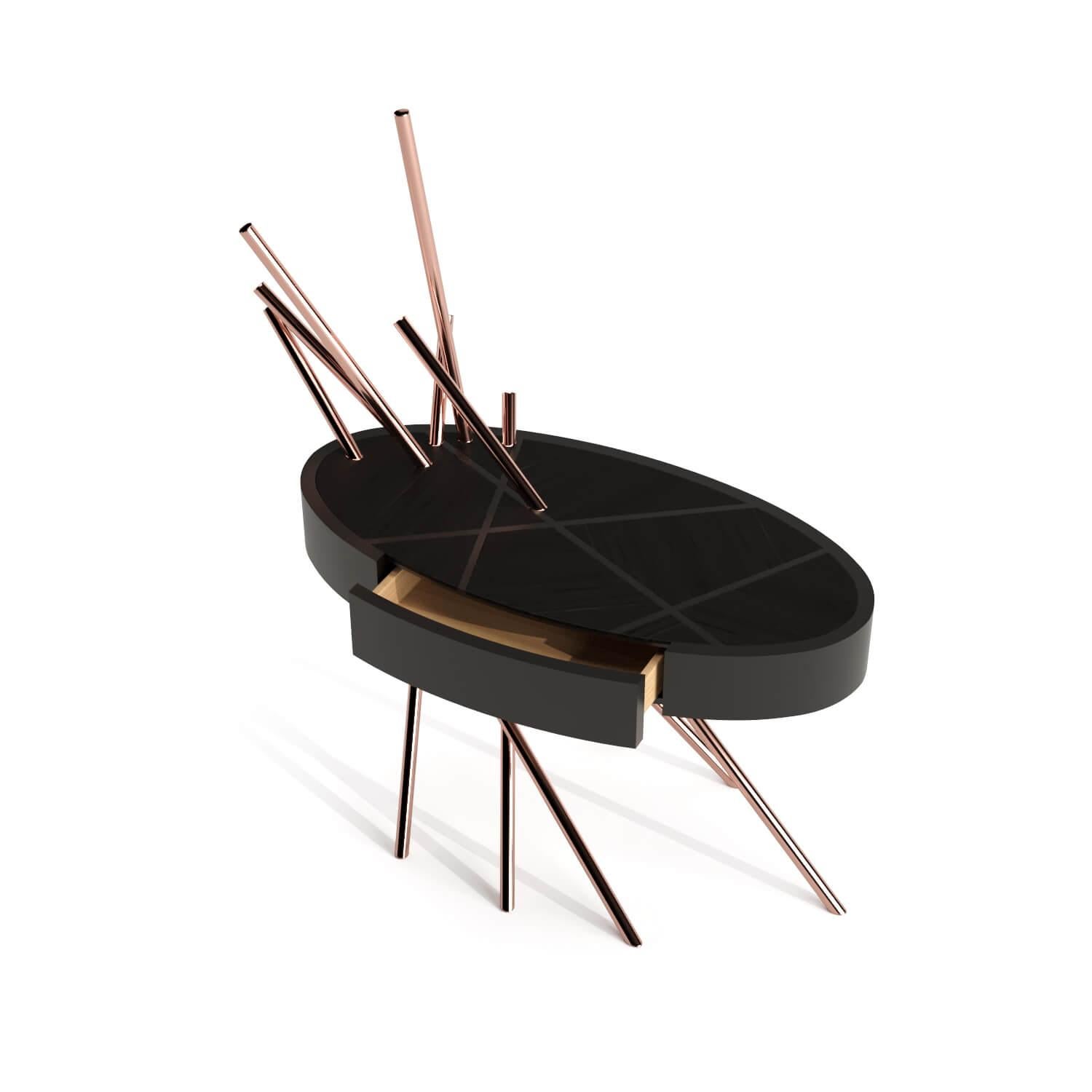 Metal Modern Accent Bedside Table Black Oak Wood Black Lacquer Brushed Copper For Sale