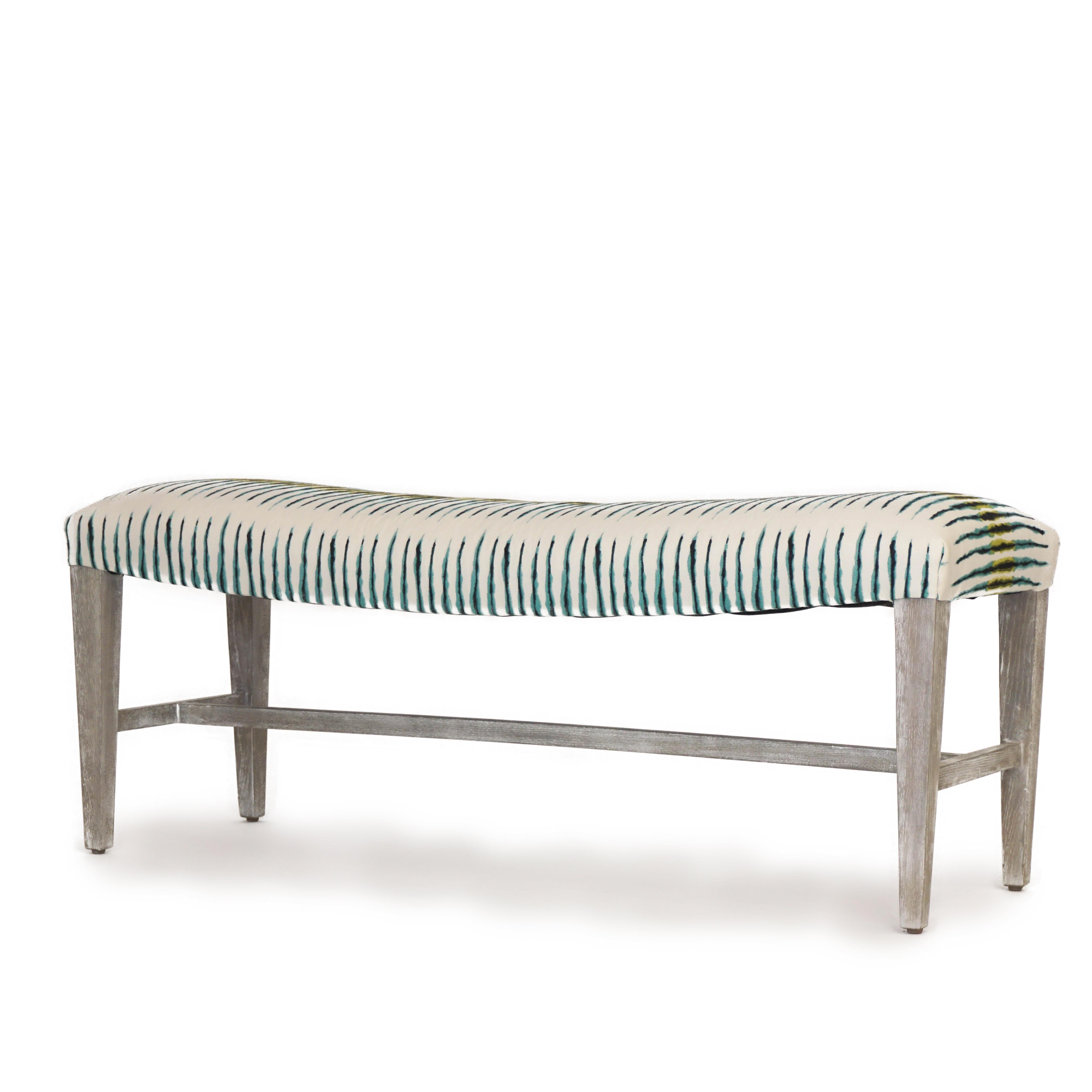 Our customizable accent bench features a bowed seat to provide ultimate comfort. Poplar wood with Swedish finish covered in striped Romo fabric. 

Measurements: 20