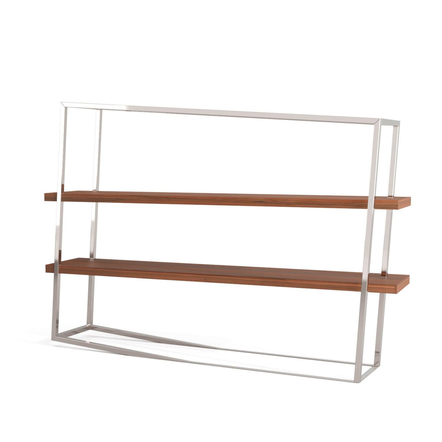 Wood Modern Accent Bookcase with Shelves in White Lacquer and Brushed Stainless Steel For Sale