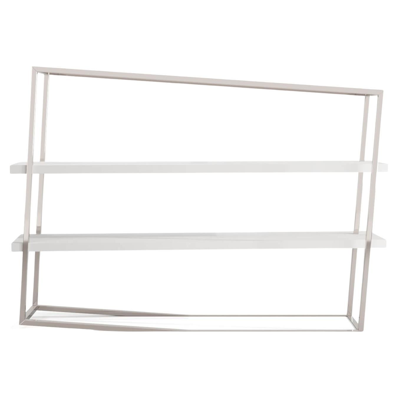 Modern Accent Bookcase with Shelves in White Lacquer and Brushed Stainless Steel