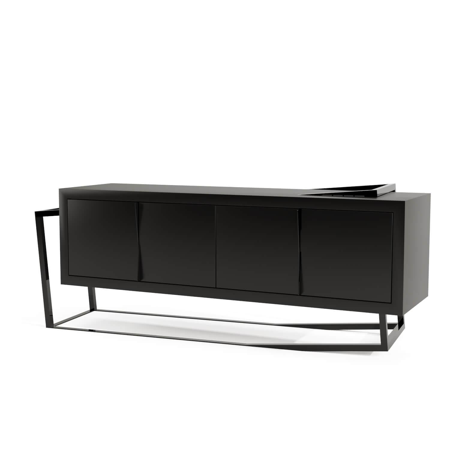 The credenza sideboard excentric 1.0 is made in black oak wood and high-gloss black lacquered steel and can be placed in a dining or office room. Its contemporary and edgy design challenges the perceptions of a usual sideboard. This piece would make