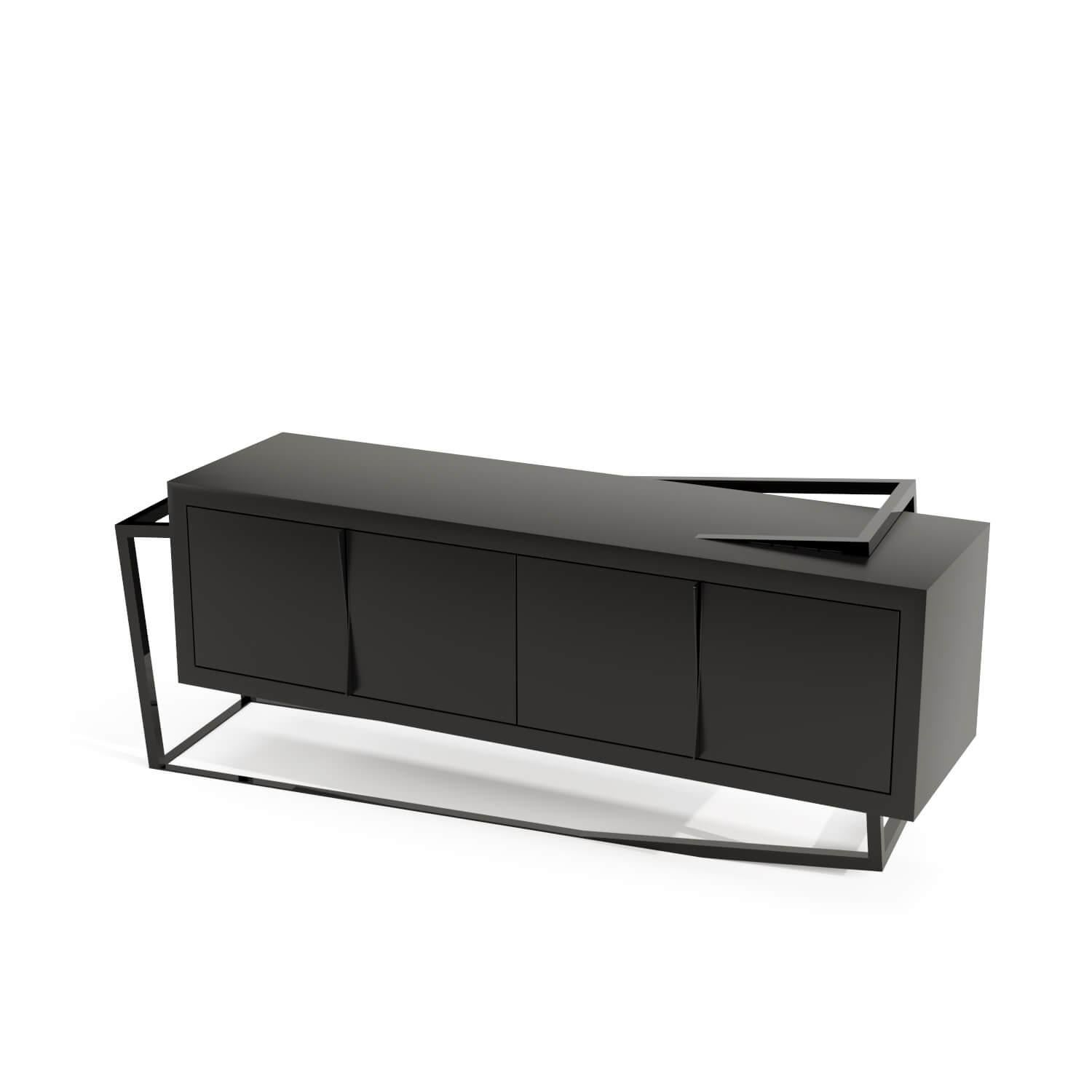 Portuguese Modern Accent Credenza Sideboard Black Oak Wood High-Gloss Black Lacquered Steel For Sale