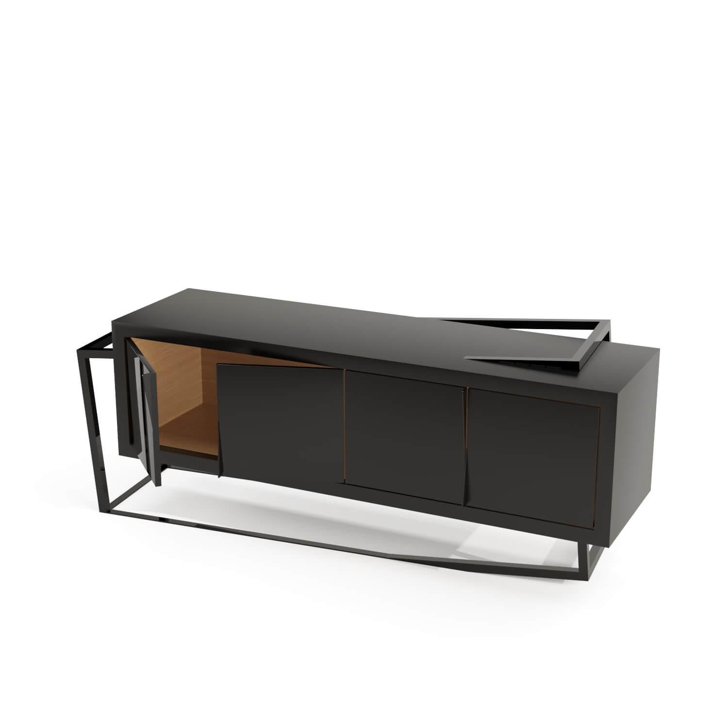 Brushed Modern Accent Credenza Sideboard Black Oak Wood High-Gloss Black Lacquered Steel For Sale