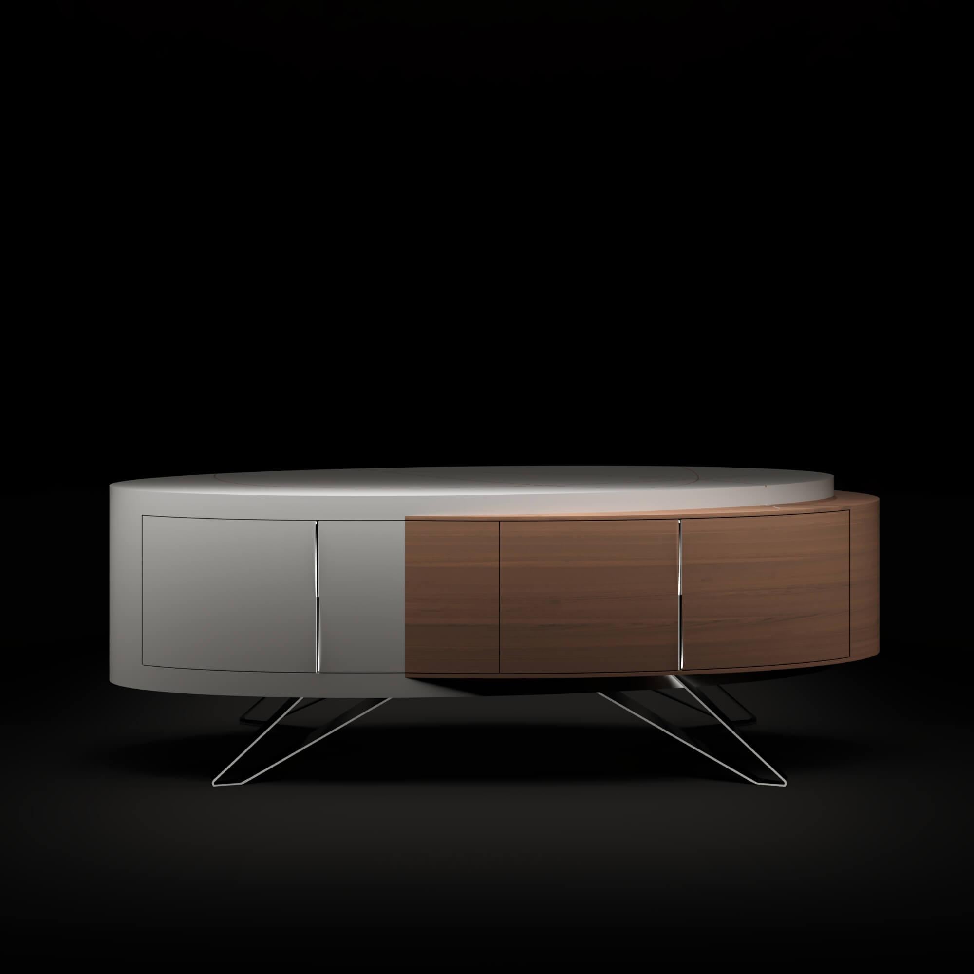 Portuguese Modern Curved Credenza Sideboard Oak Wood White Lacquer Polished Stainless Steel For Sale