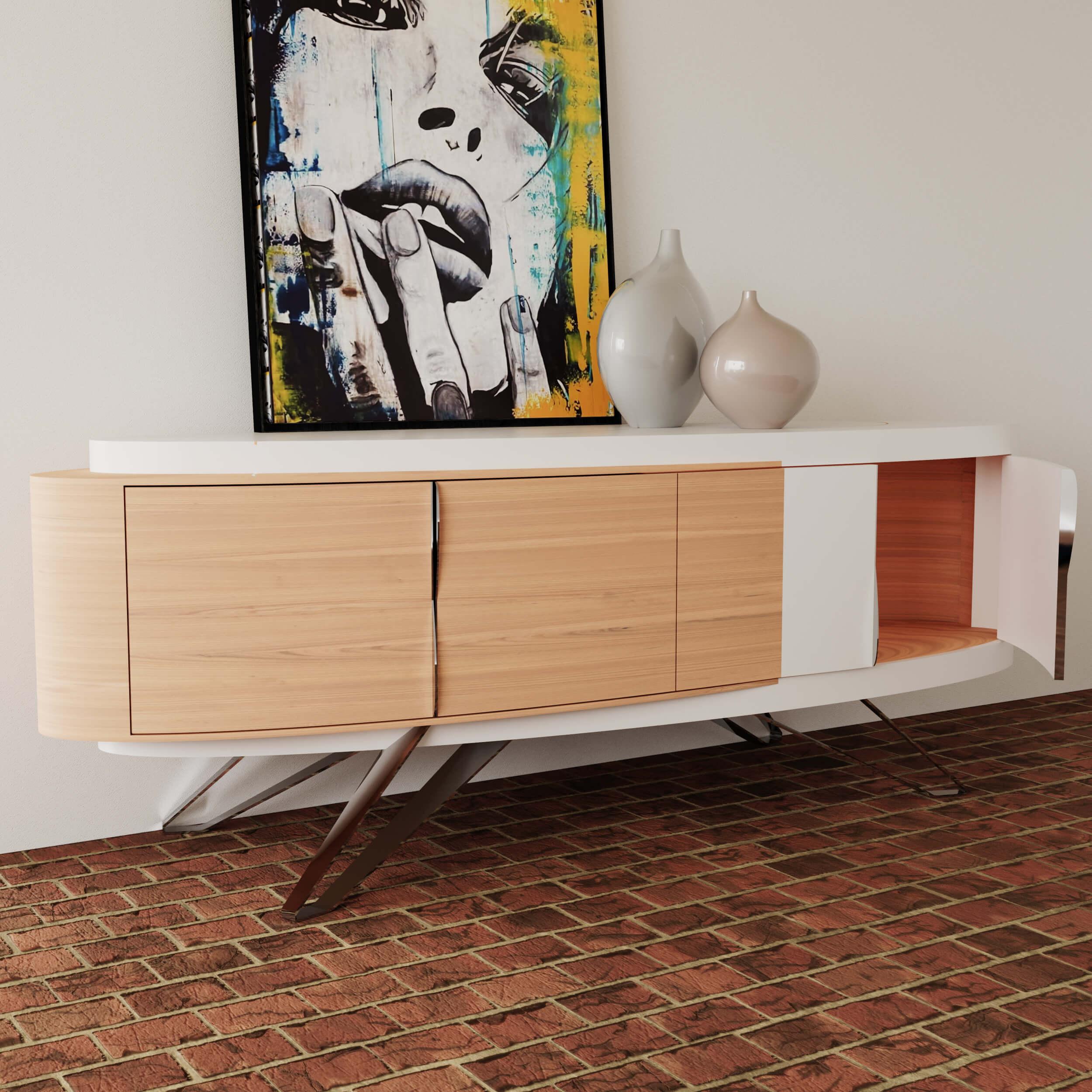 Contemporary Modern Curved Credenza Sideboard Oak Wood White Lacquer Polished Stainless Steel For Sale