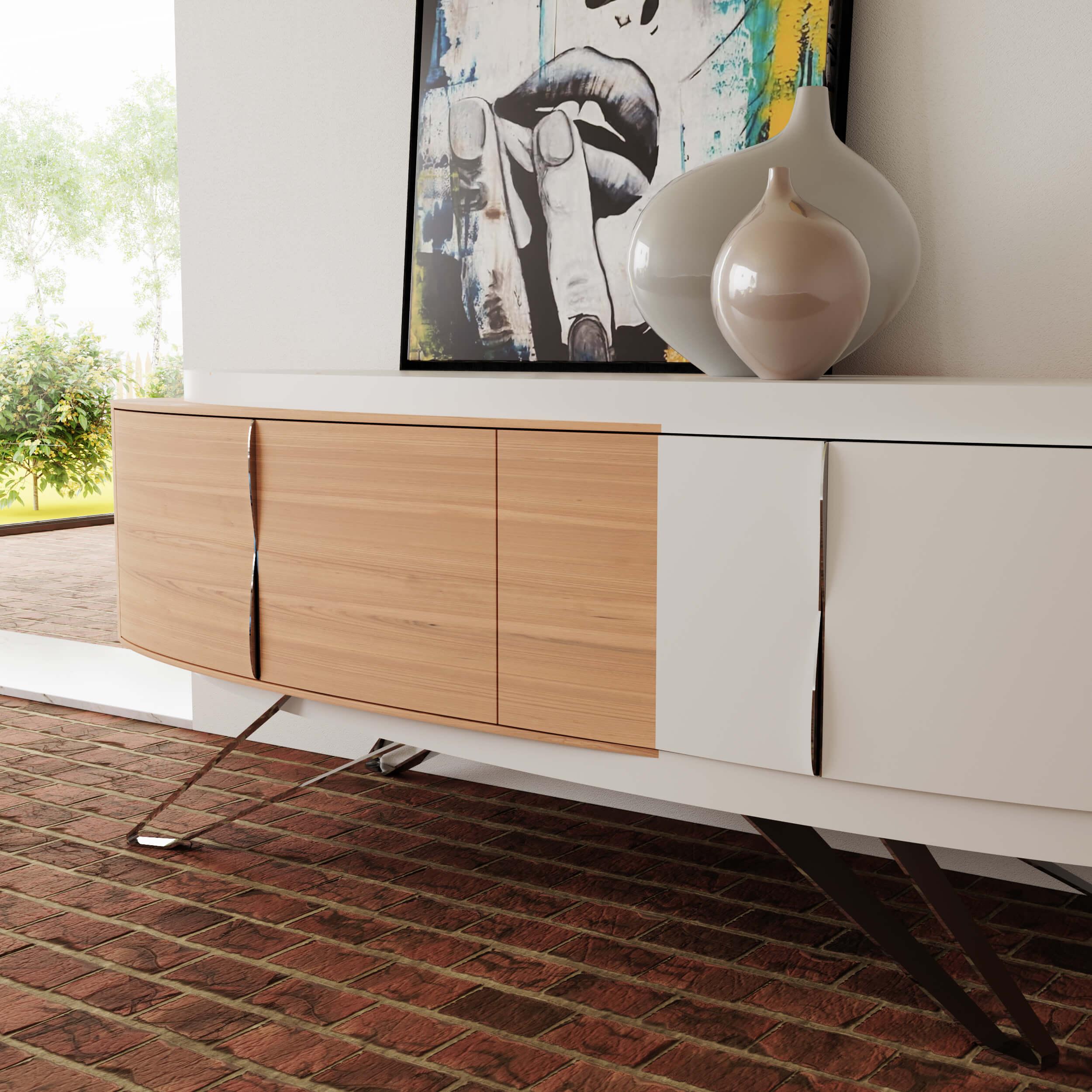 Metal Modern Curved Credenza Sideboard Oak Wood White Lacquer Polished Stainless Steel For Sale