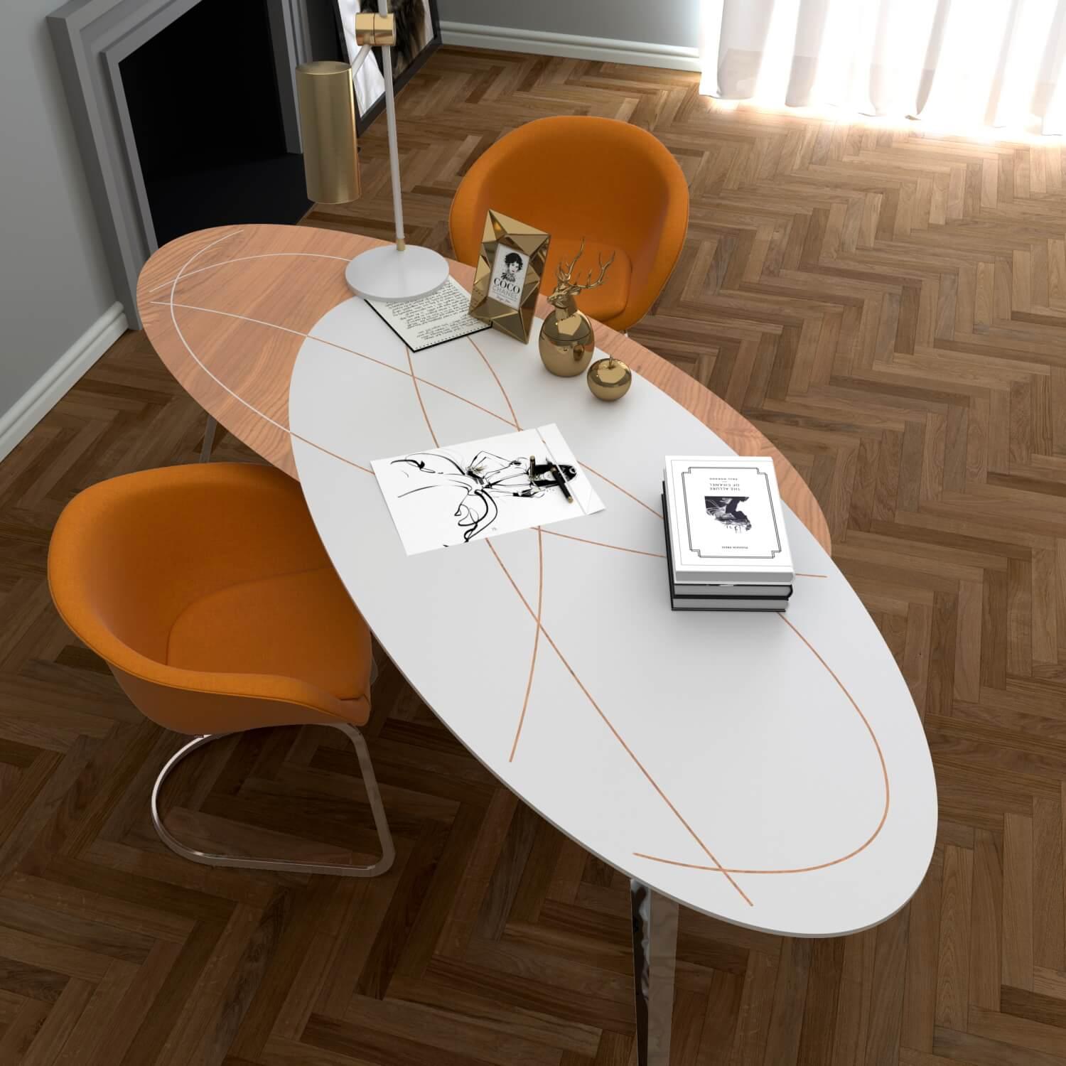 Moderner geschwungener Home Office-Schreibtisch aus Eicheholz, weißer Lack, Edelstahl im Angebot 4
