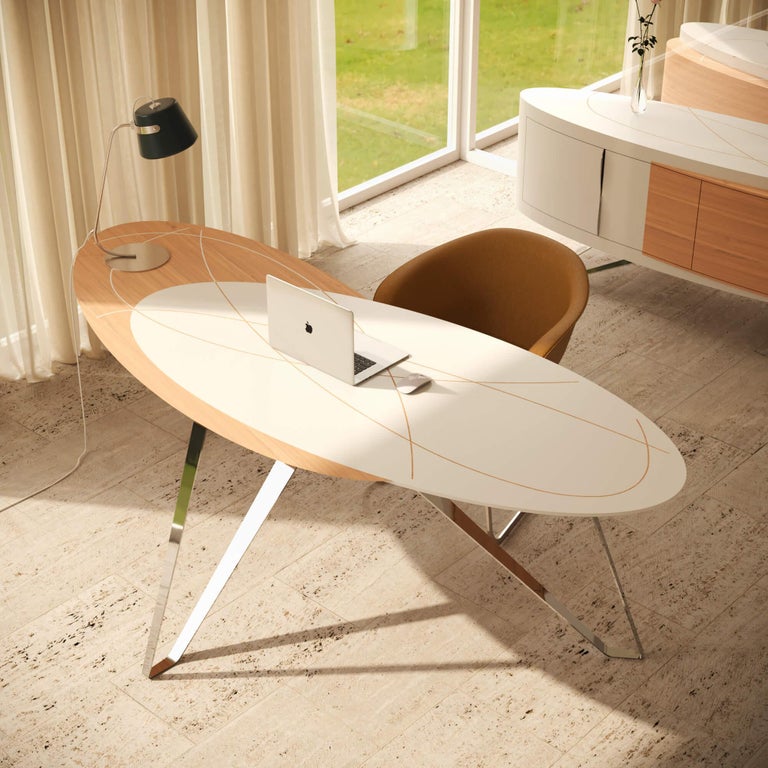 Accent Curved Home Office Writing Desk Oak Wood White Lacquer Stainless