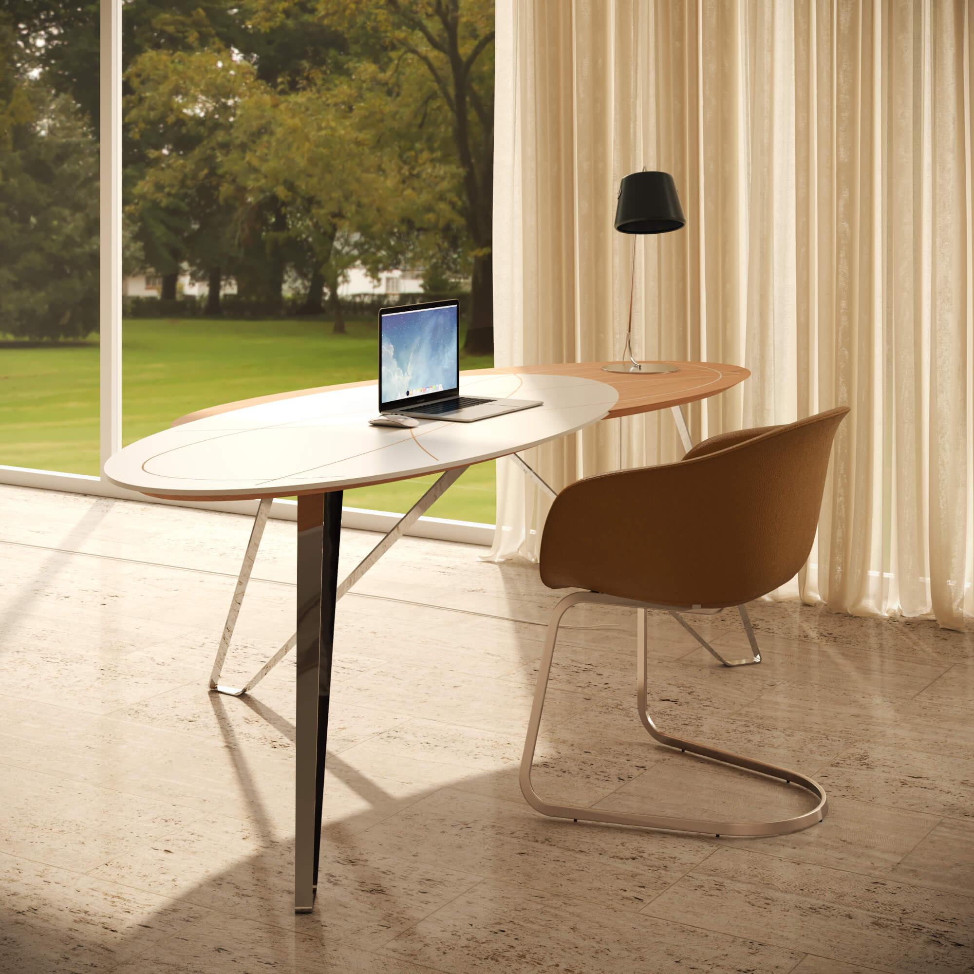 Moderner geschwungener Home Office-Schreibtisch aus Eicheholz, weißer Lack, Edelstahl (Metall) im Angebot