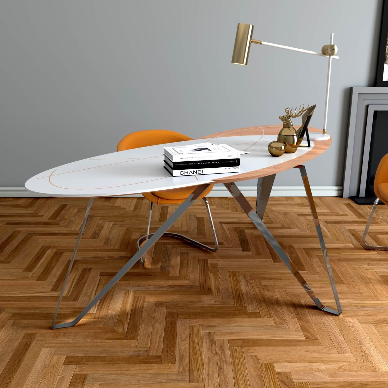 Moderner geschwungener Home Office-Schreibtisch aus Eicheholz, weißer Lack, Edelstahl im Angebot 3