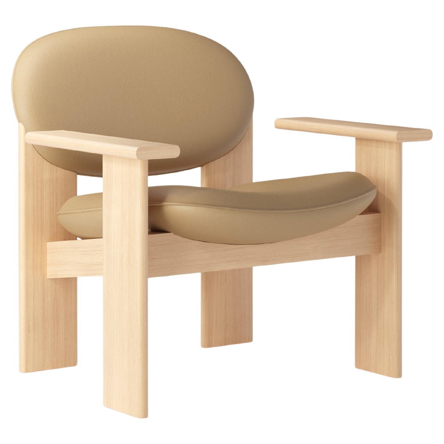 Accent Camel Leather Lounge Chair with Wooden Armrests — Archipen by NOOM For Sale