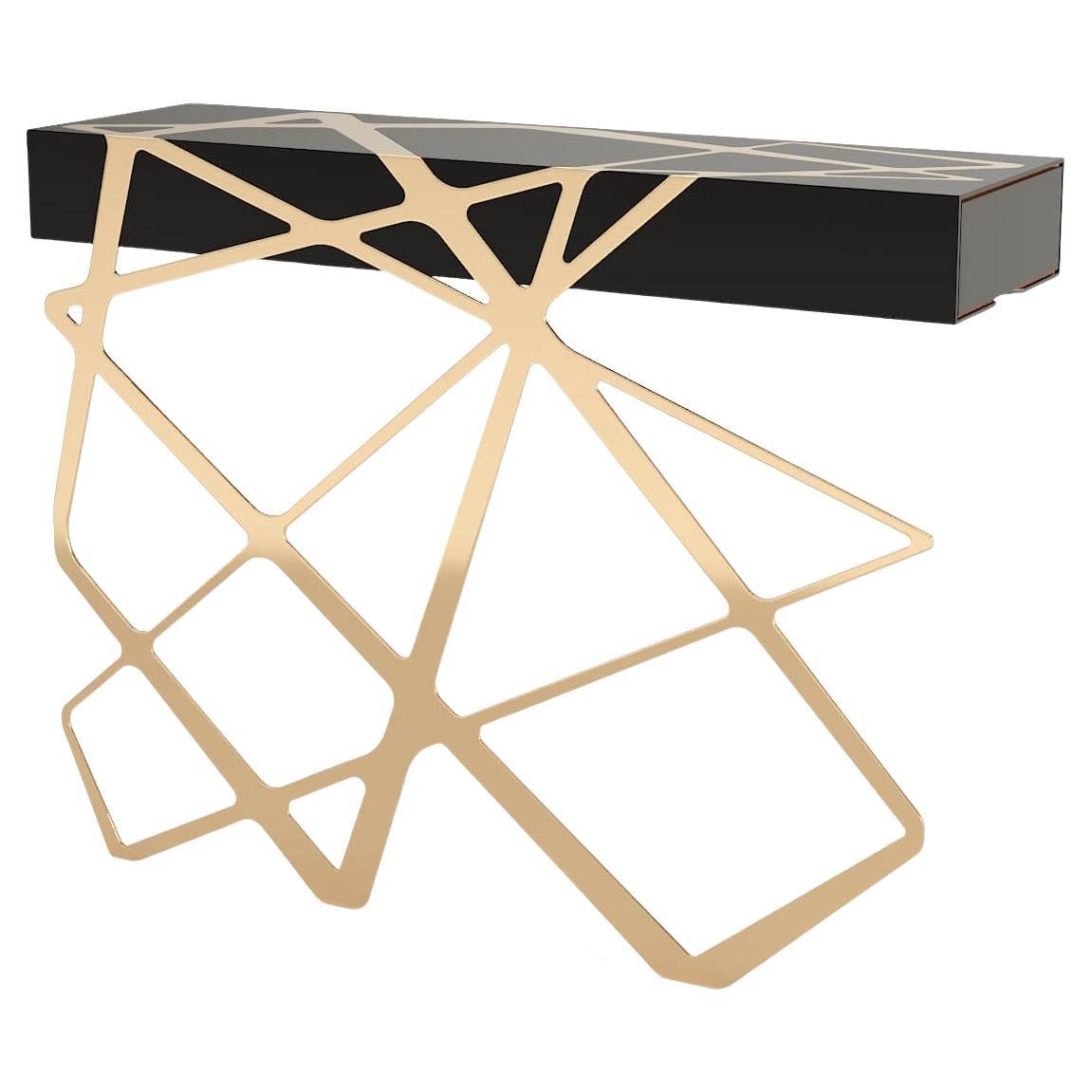Organic Modern Accent Console Table in Black Lacquered Wood and Brushed Brass For Sale