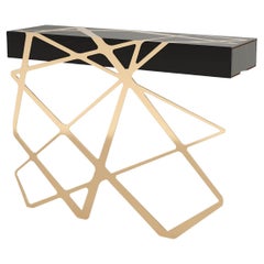 Organic Modern Accent Console Table in Black Lacquered Wood and Brushed Brass