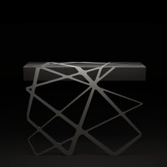 Organic Modern Accent Console Table in Black Lacquer & Brushed Stainless Steel