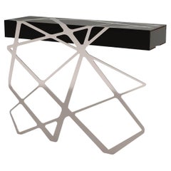 Organic Modern Accent Console Table Black Lacquered Wood Brushed Stainless Steel