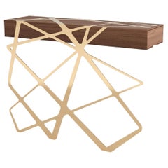 Organic Modern Accent Console Table in Walnut Wood and Brushed Brass