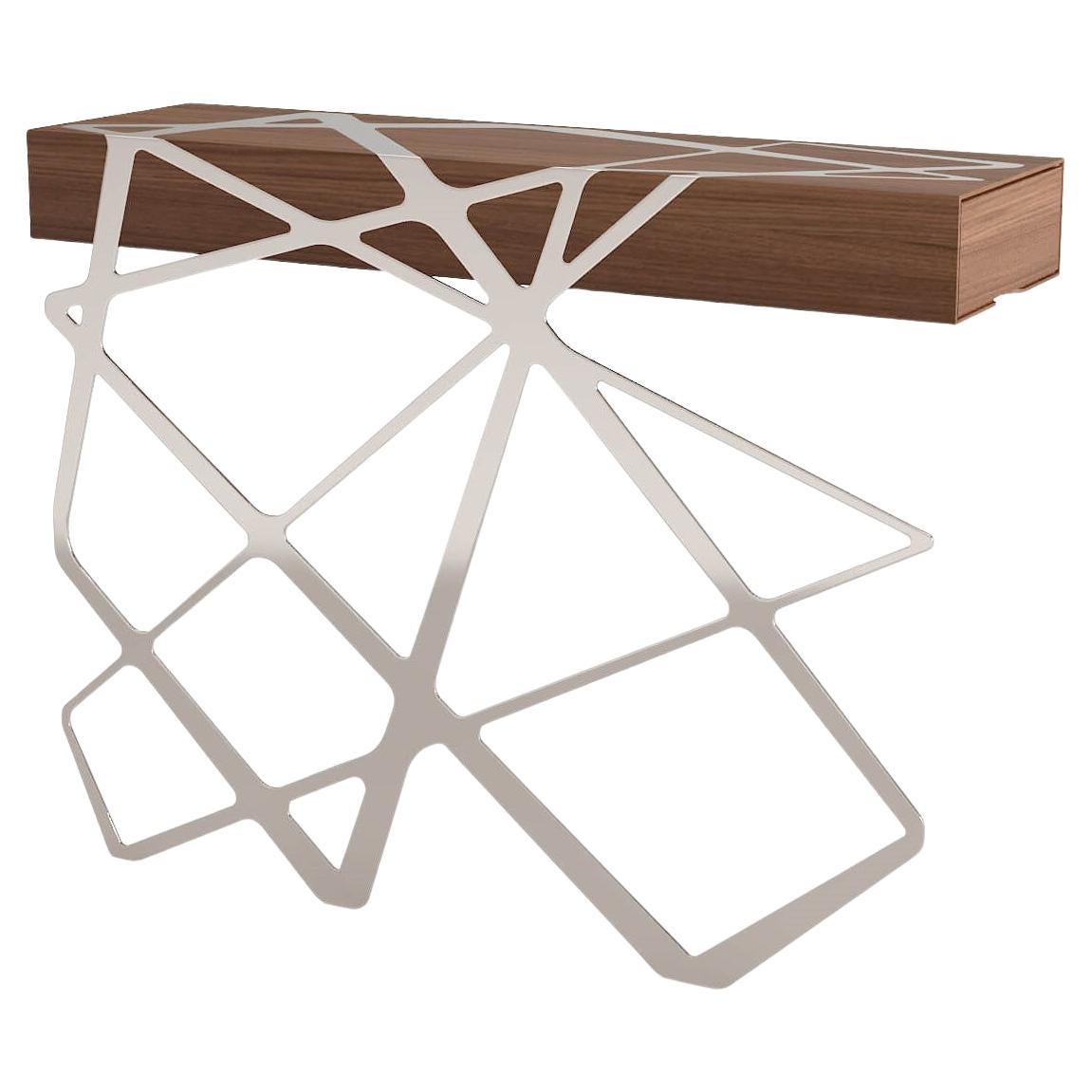 Organic Modern Accent Console Table in Walnut Wood and Brushed Stainless Steel For Sale