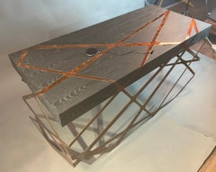 Organic Modern Accent Home Office Writing Desk Black Oak Wood and Copper Effect