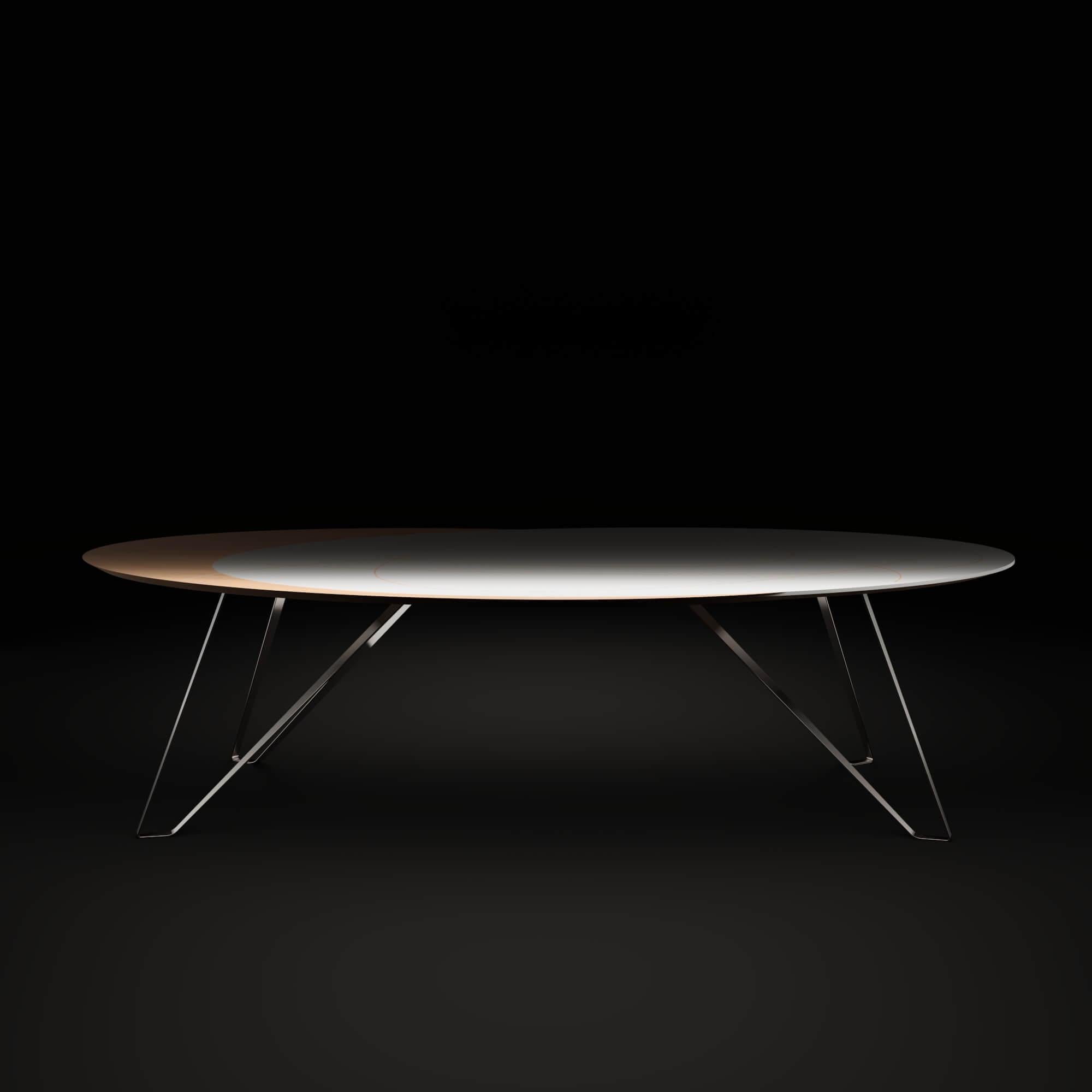 Table de salle à manger moderne de forme ovale en bois de chêne laqué blanc et acier inoxydable poli en vente 4