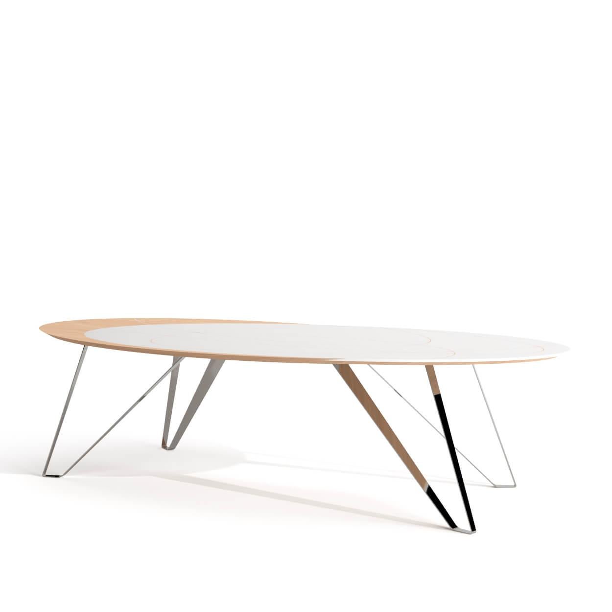 Moderne Table de salle à manger moderne de forme ovale en bois de chêne laqué blanc et acier inoxydable poli en vente