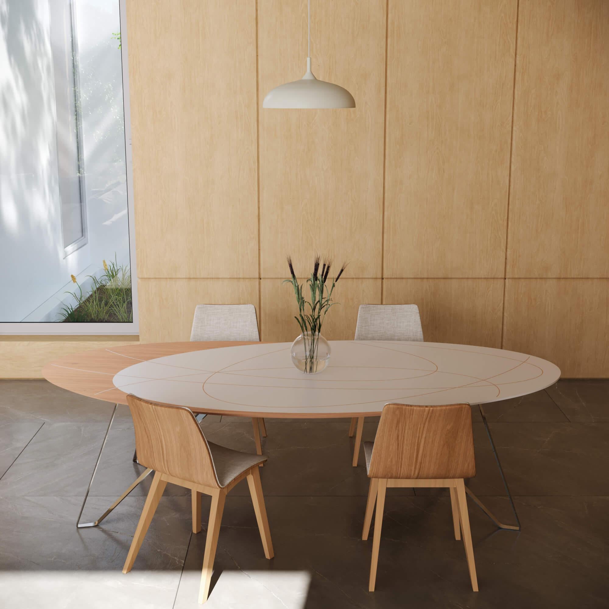 XXIe siècle et contemporain Table de salle à manger moderne de forme ovale en bois de chêne laqué blanc et acier inoxydable poli en vente
