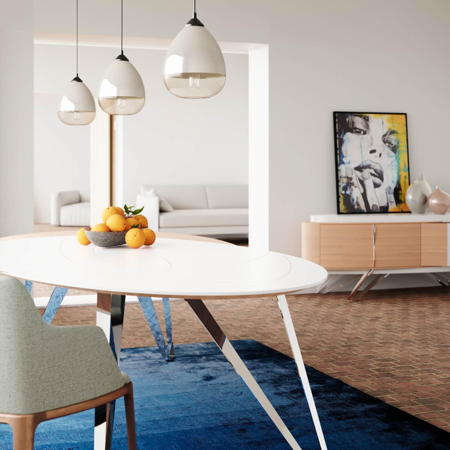 Table de salle à manger moderne de forme ovale en bois de chêne laqué blanc et acier inoxydable poli en vente 1