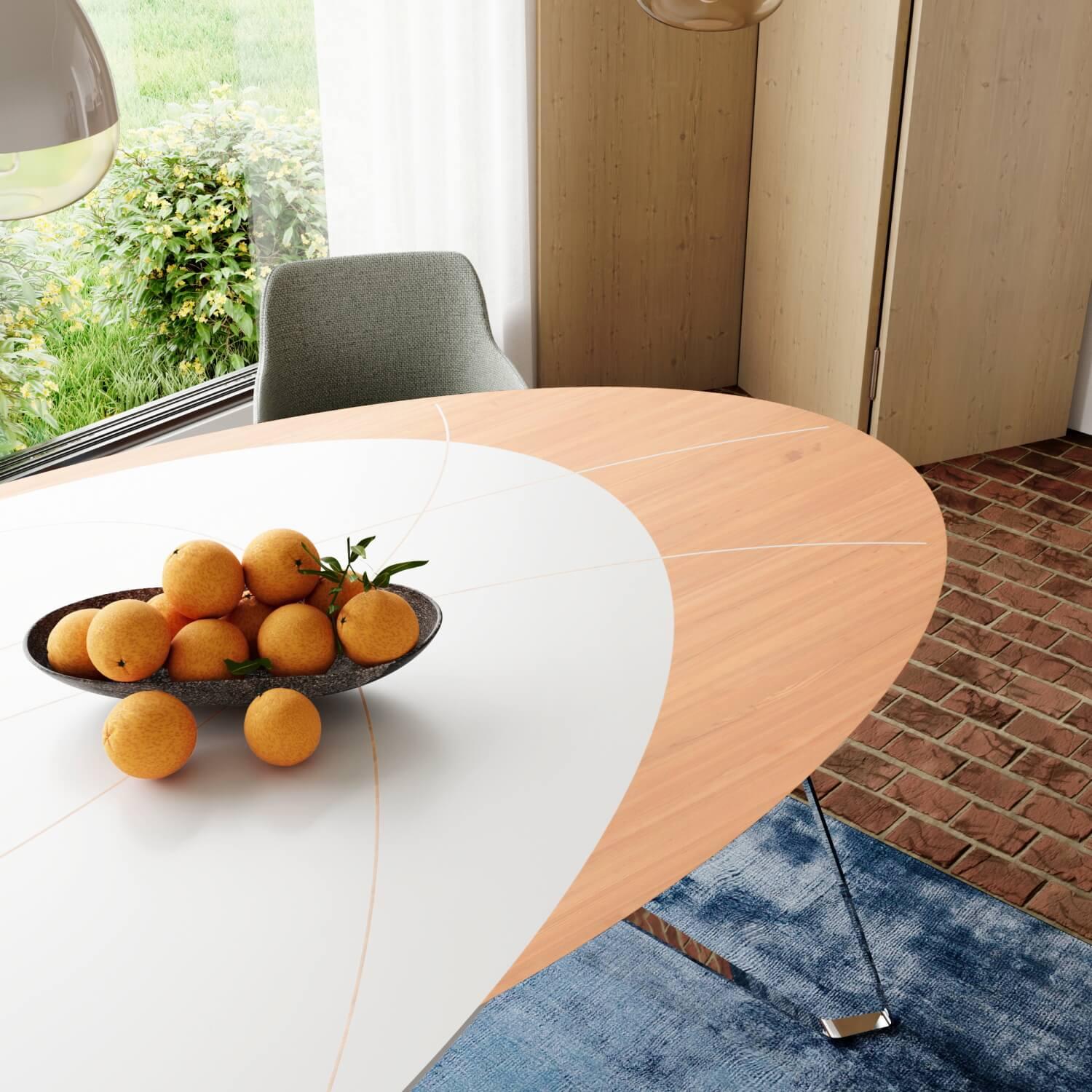 Table de salle à manger moderne de forme ovale en bois de chêne laqué blanc et acier inoxydable poli en vente 2