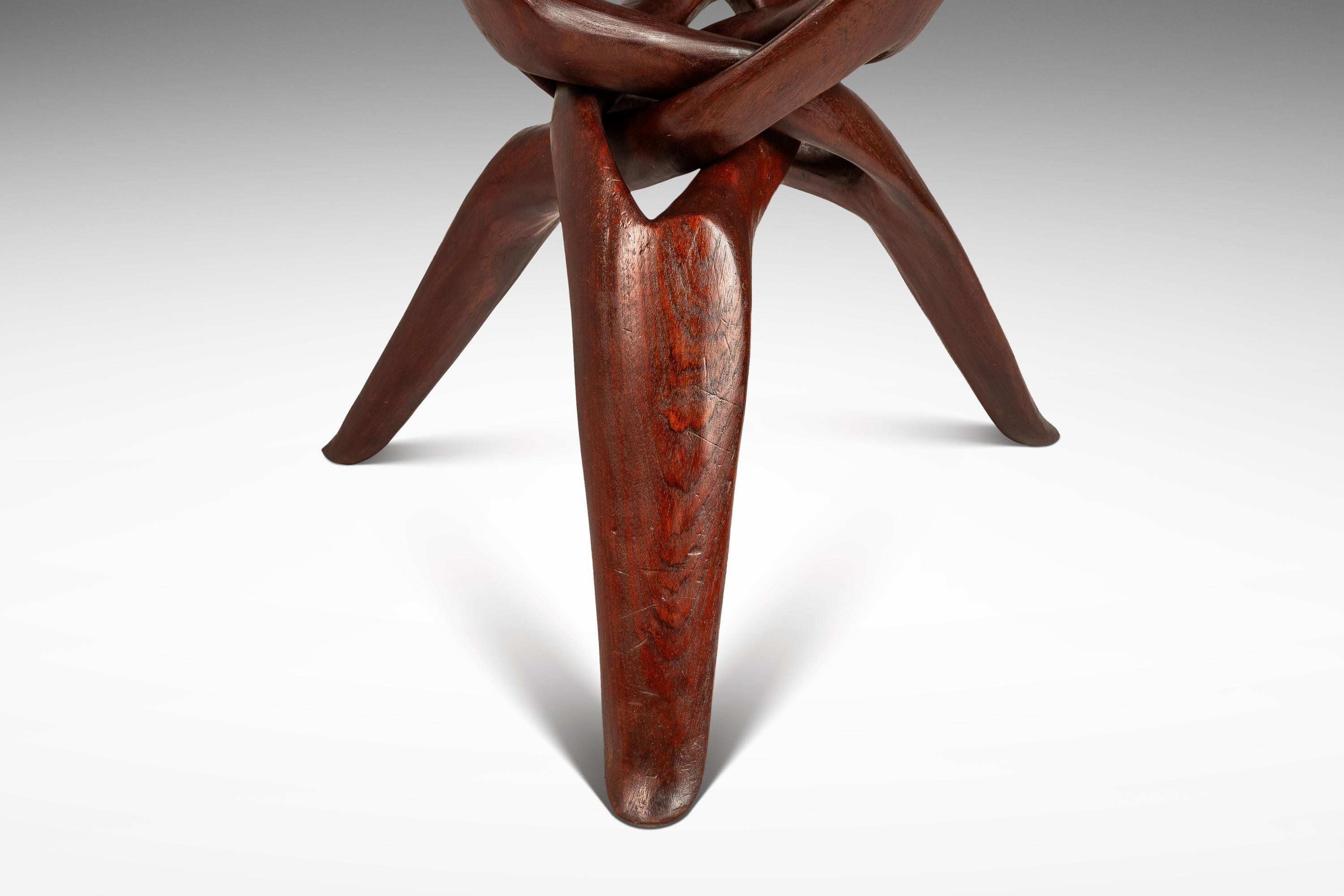 Accent Table Carved from Mahogany w/ Interlocking Legs & Glass Top, USA, 1970's 4