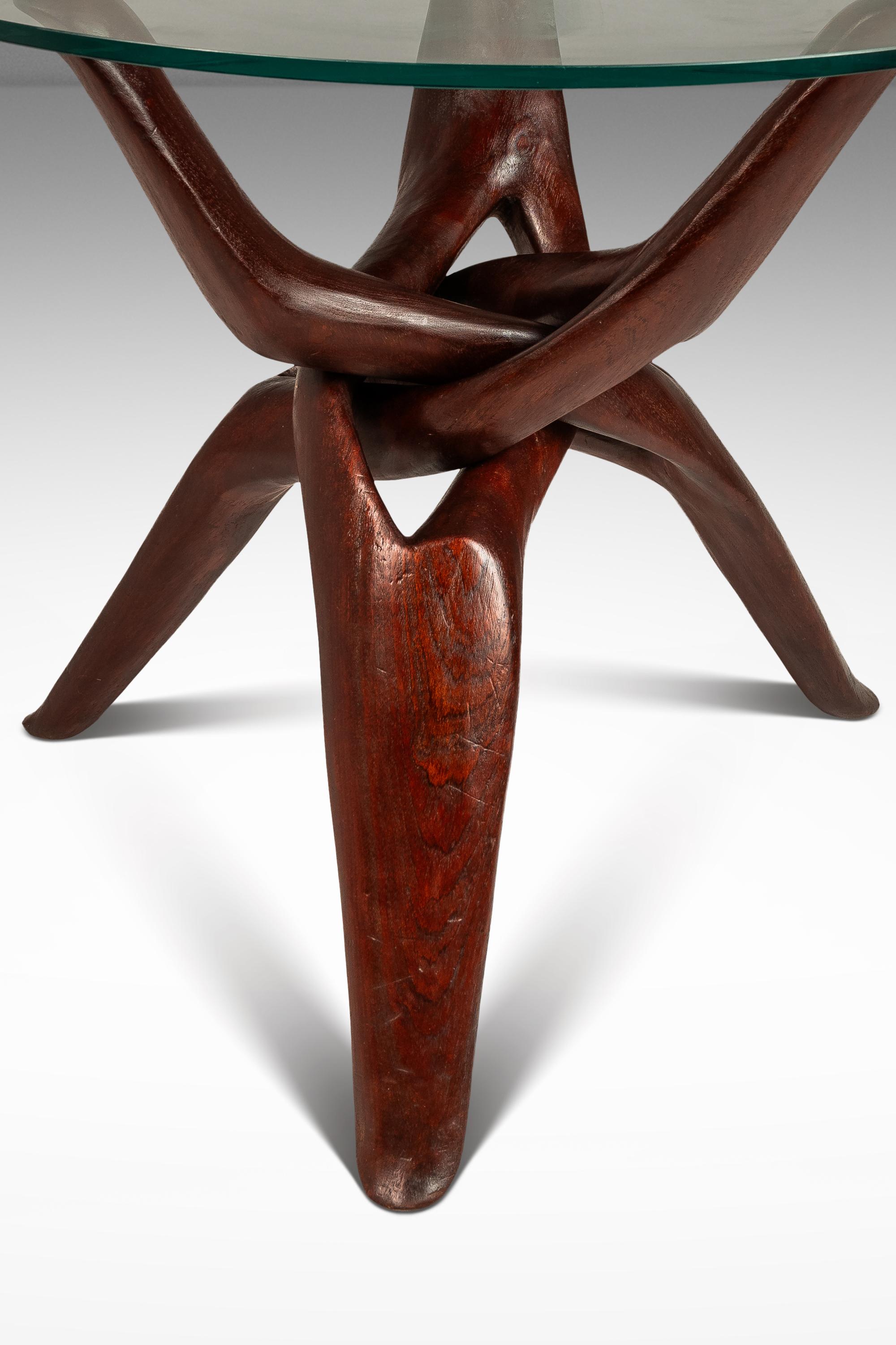 Accent Table Carved from Mahogany w/ Interlocking Legs & Glass Top, USA, 1970's 6
