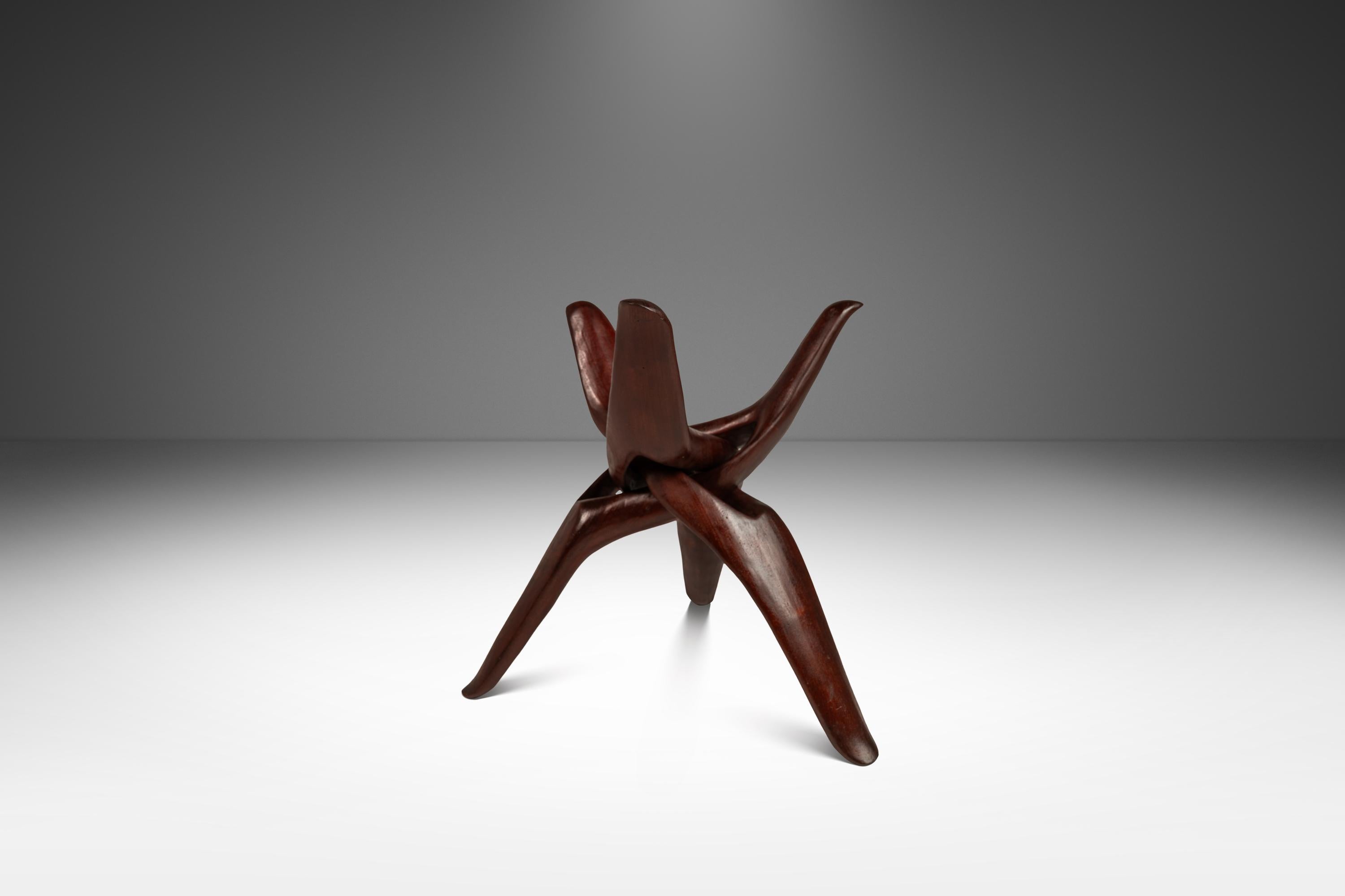 Accent Table Carved from Mahogany w/ Interlocking Legs & Glass Top, USA, 1970's 1