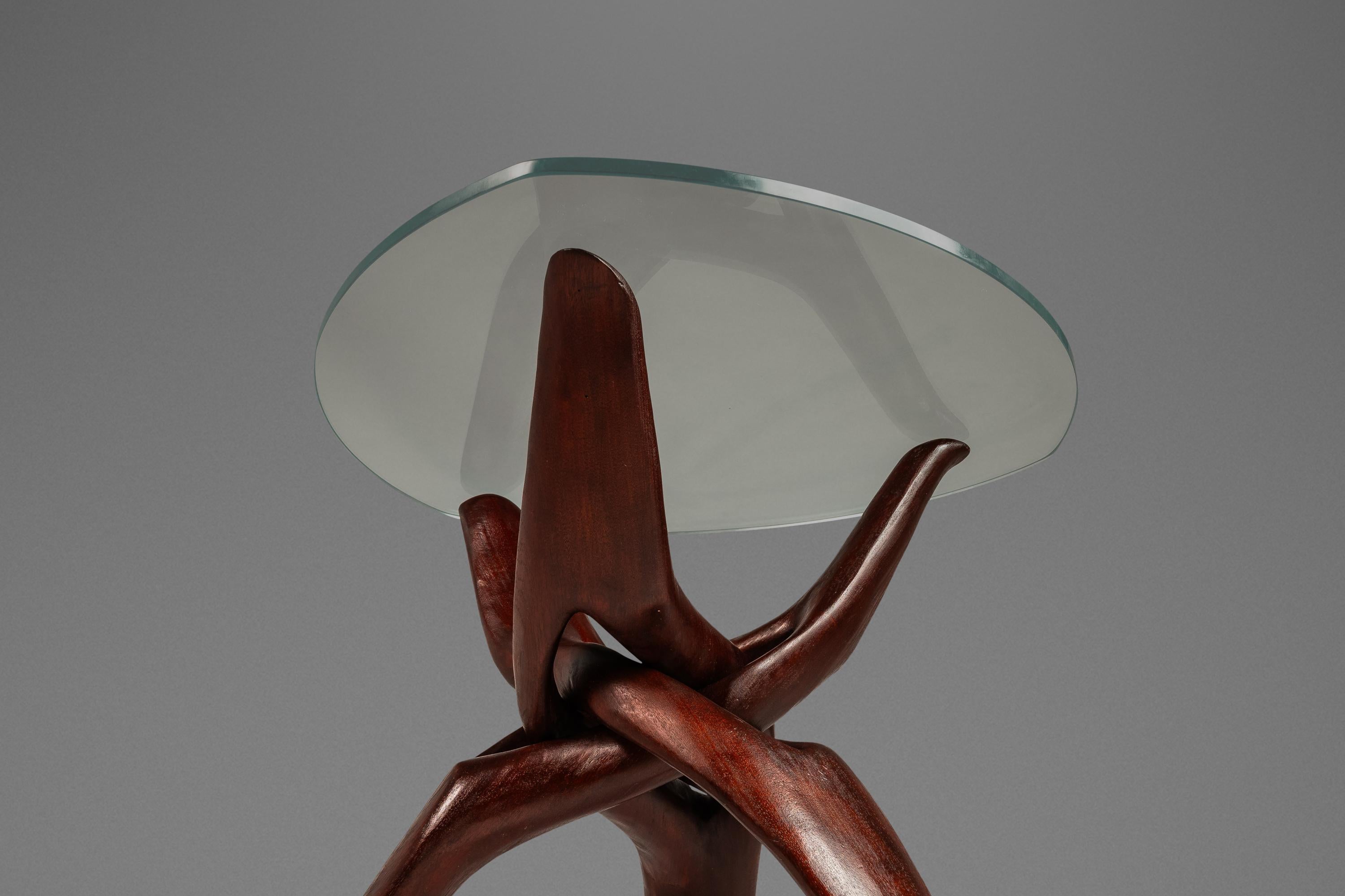 Accent Table Carved from Mahogany w/ Interlocking Legs & Glass Top, USA, 1970's 2
