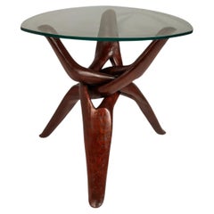 Accent Table Carved from Mahogany w/ Interlocking Legs & Glass Top, USA, 1970's